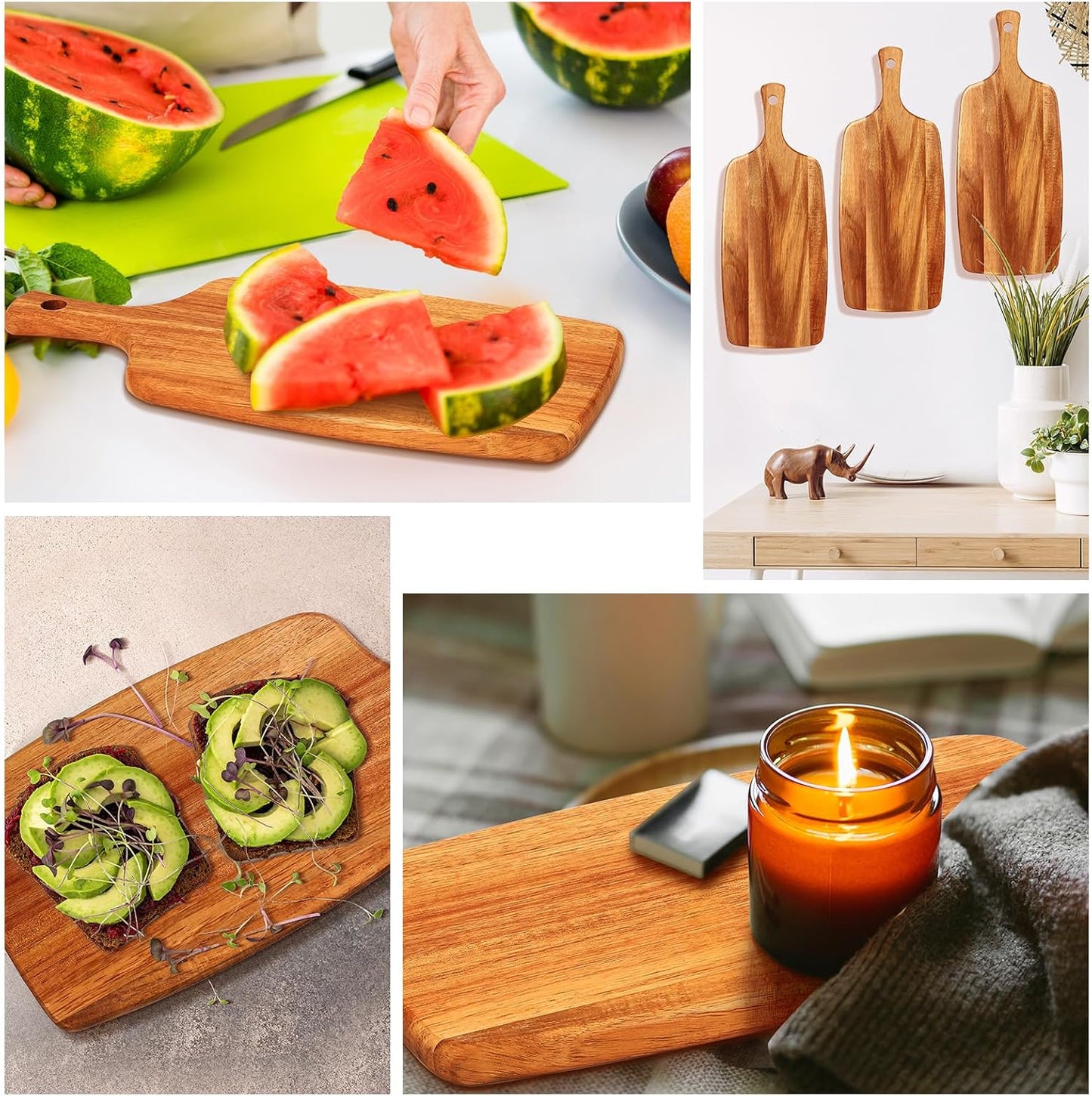 Kathfly 3 Pcs Acacia Wood Cutting Board with Handle Wooden Laser Kitchen Serving Charcuterie Board for Vegetables Meat Pizza Cheese Fruit Bread(17 x 7 Inch)