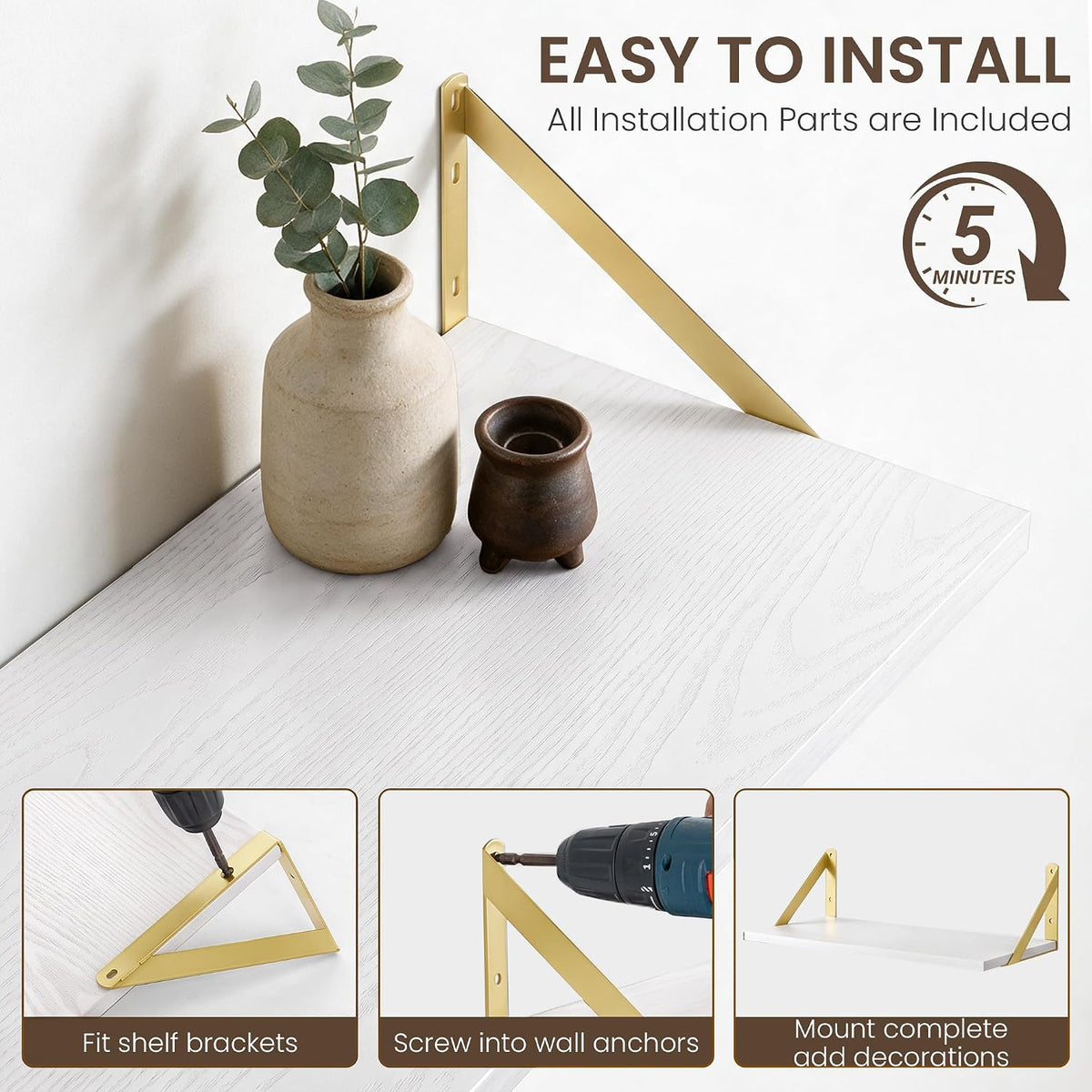 Dreamland Wall Mounted Floating Shelves Set of 2, 16x12, White&Gold