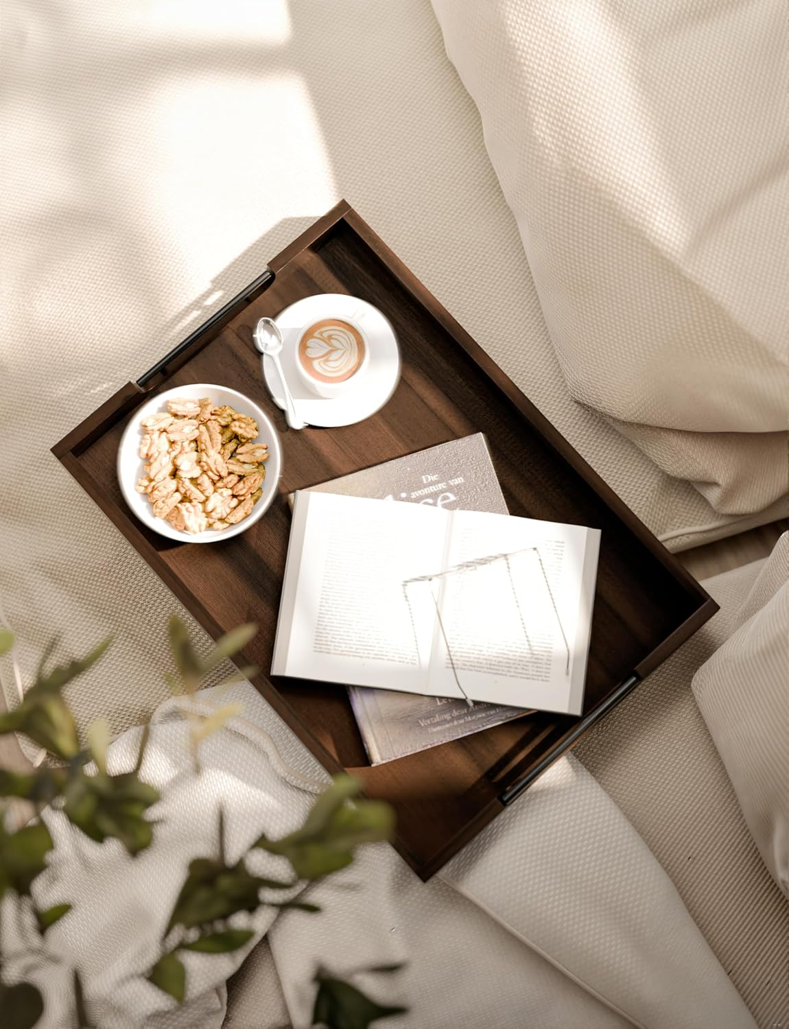 TIDITA 20"x14" Wooden Large Serving Tray, Walnut Color, Metal Handles | Acacia Wooden Tray for Ottoman, Wooden Ottoman Tray for Living Room, Decorative Trays for Coffee Table, Non-slip Pads