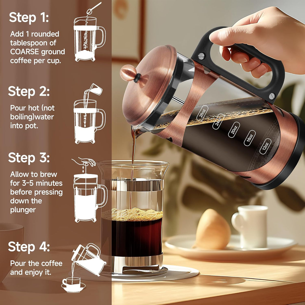 34 Ounce French Press Coffee Maker Copper Stainless Steel Coffee Press, with 4-Level Filter System, Heat Resistant Thickness Borosilicate Glass, BPA-Free Brewed Coffee Pot for Camping Gifts
