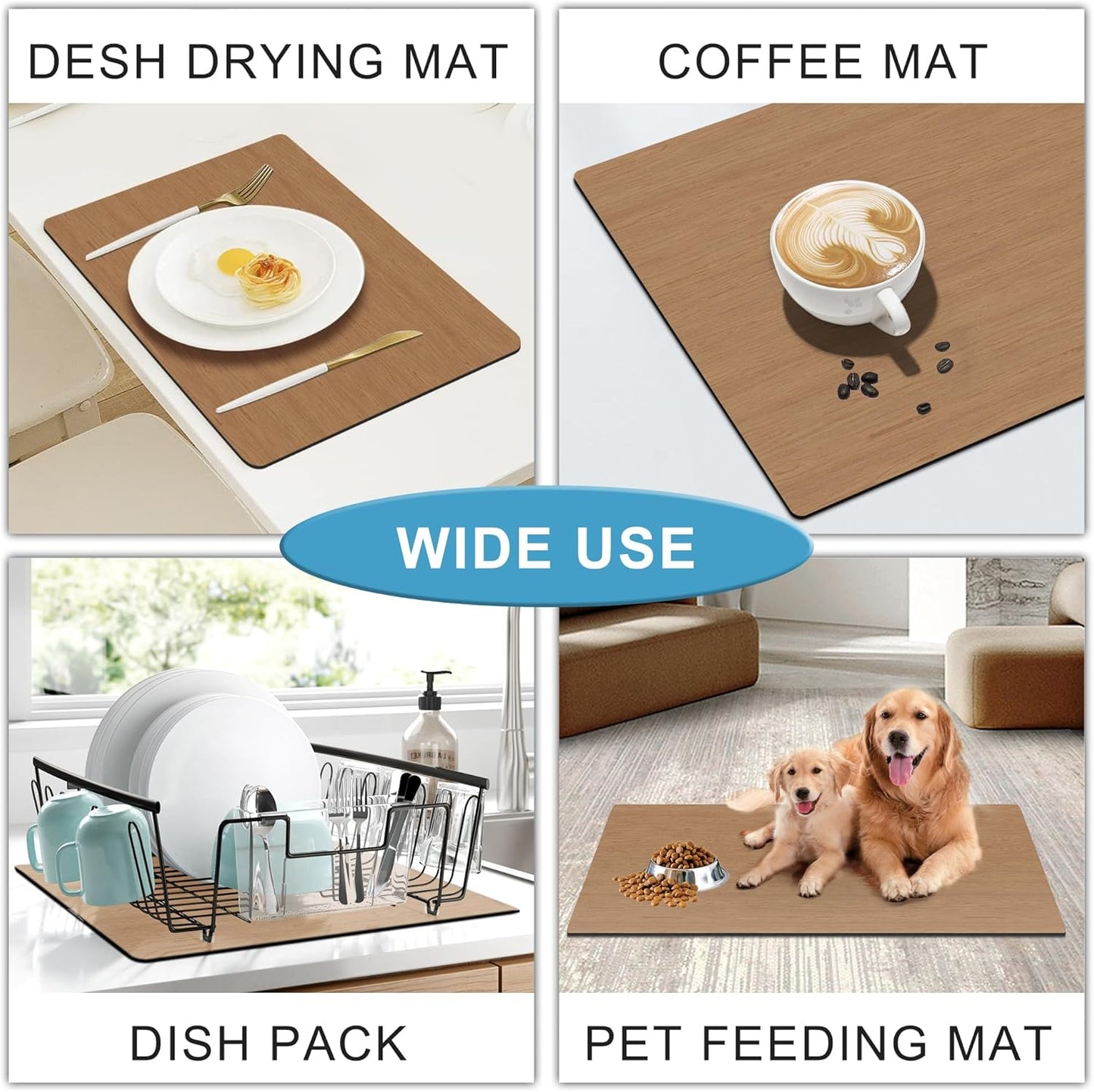 Coffee Mat Coffee Bar Mat - Absorbent Rubber Backed Coffee Pot Cup Holder Quick Drying Mats Fit Under Coffee Maker Espresso Machine Coffee Bar Accessories Kitchen Counter Dish Drying Mat 23"x15", Wood