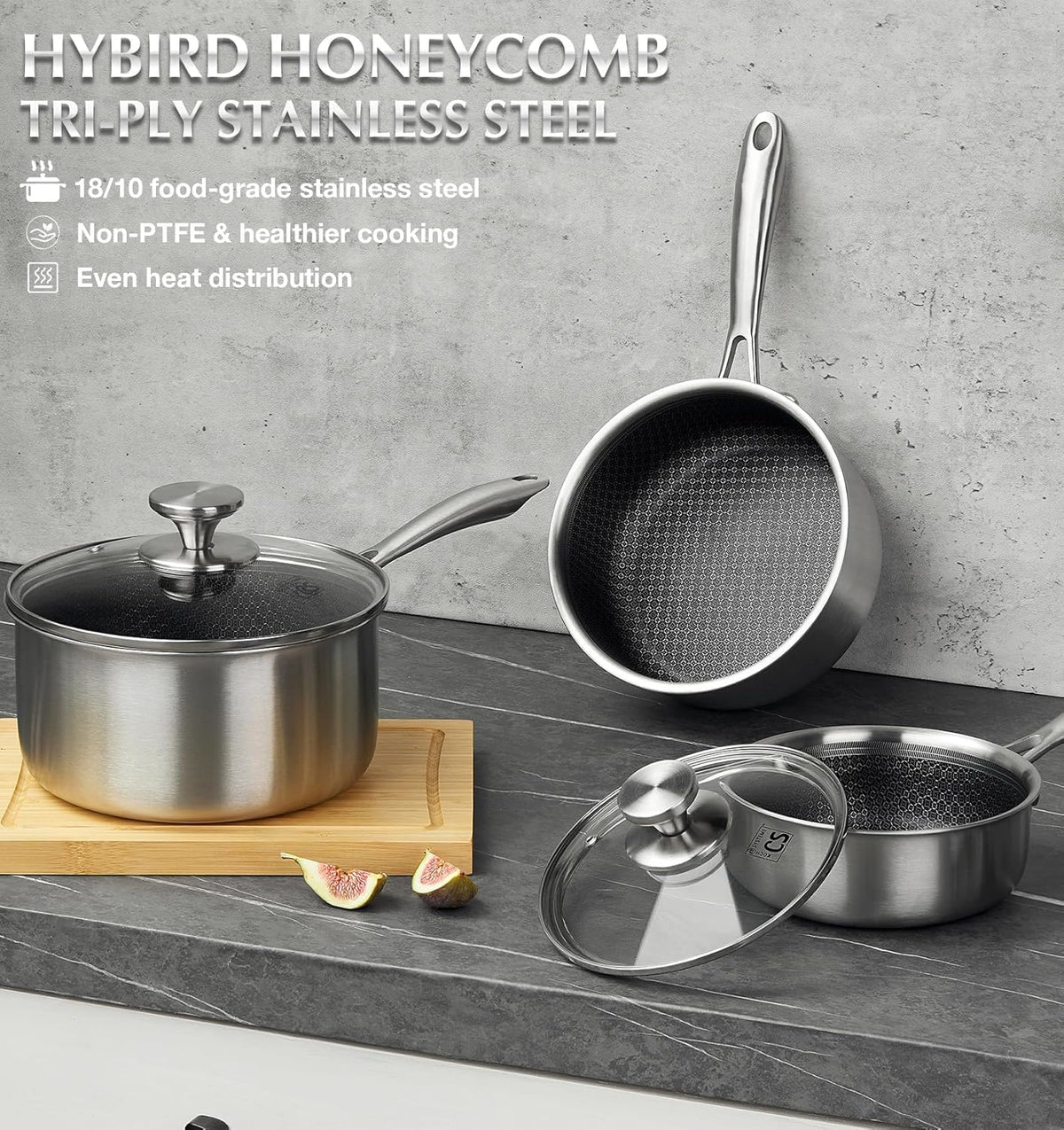 KOCH SYSTEME CS Hybrid Nonstick Stainless Steel Sauce Pan 3QT, Tri-ply Stainless Steel Pot with Honeycomb Interior, Hybrid Sauce Pan with Lid, 18/10 Steel Pot, Induction Compatible