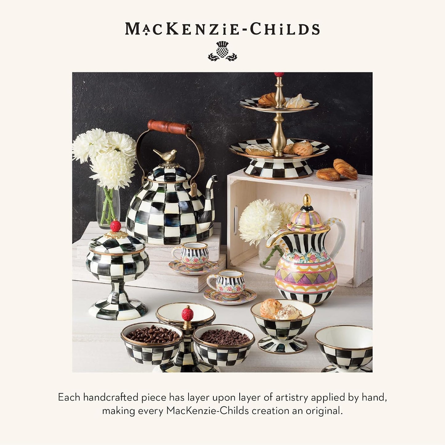 MACKENZIE-CHILDS Enamel Pie Plate, Black-and-White Courtly Check | Hand-painted design, made from enameled steel, ovenproof pie pan for cooking, 9.5" dia. x 1.5" deep, 4-cup capacity