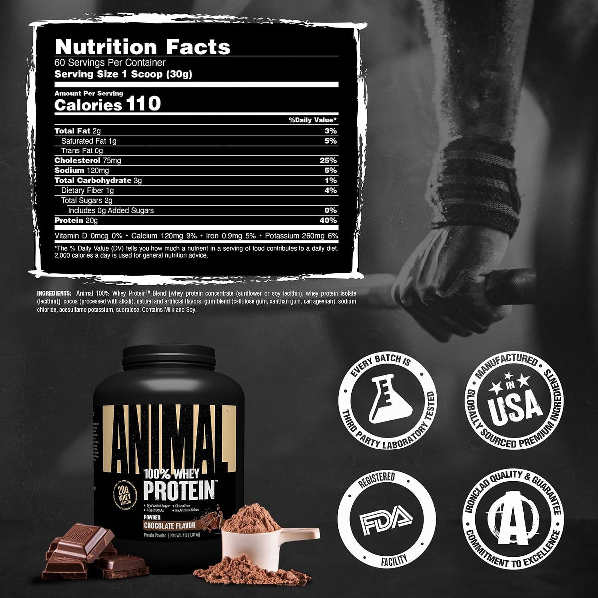 Animal 100% Whey Protein Powder, 20G High Protein | Chocolate 4LB | Pre & Post Workout Meal Replacement with BCAAs | Build Strength, Muscle & Recover Faster | Low Carb, Low Sugar, Great Taste