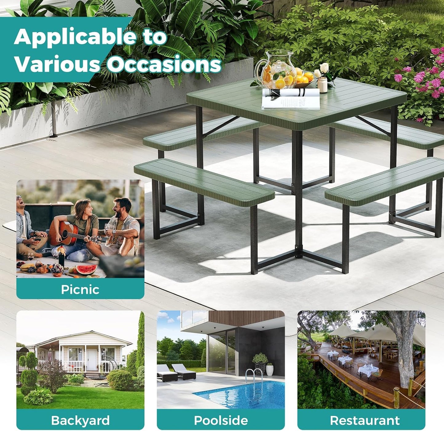 Giantex Picnic Table Bench Set for 4-8 People, 34" Outdoor Square Dining Table & 2 Benches w/Umbrella Hole, HDPE Tableto