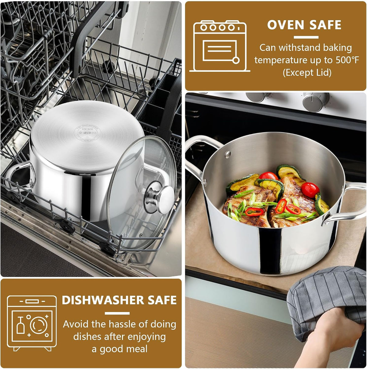 P&P CHEF 8 Quart Tri-Ply Stainless Steel Stock Pot, 8 Qt Stockpot Pasta Cooking Pot with Visible Lid for Soup Vegetable, Induction Cookware for All Stoves, Sturdy & Double Handle, Dishwasher Safe