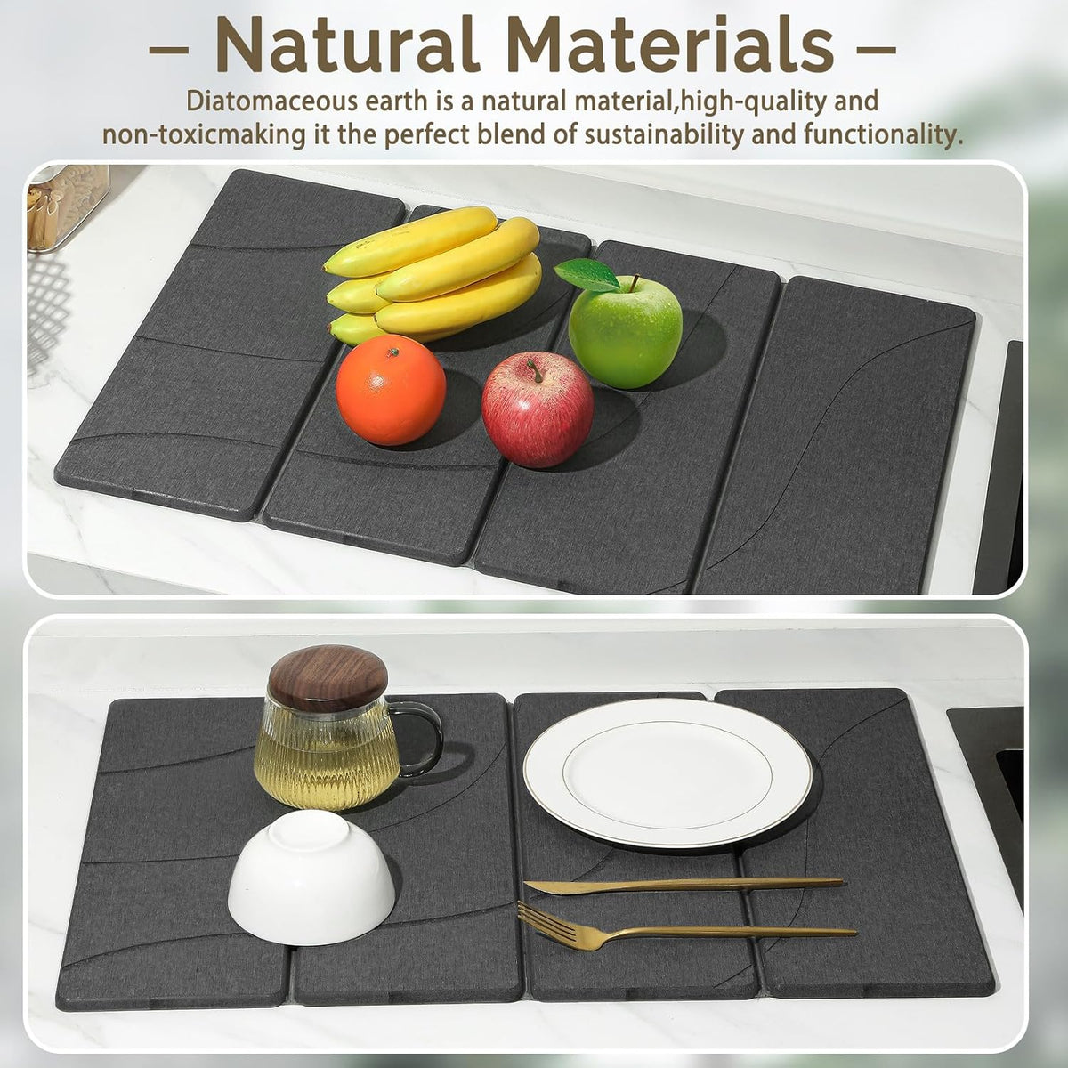 Large Stone Dish Drying Mat for Kitchen Counter, 2 PCS Quick Dry Stone Mats, Foldable Water Absorbing Diatomaceous Earth Drying Dishes Pad for Countertop Bottle Utensil Cup(Carved Gray 24"x16"&8"x4")