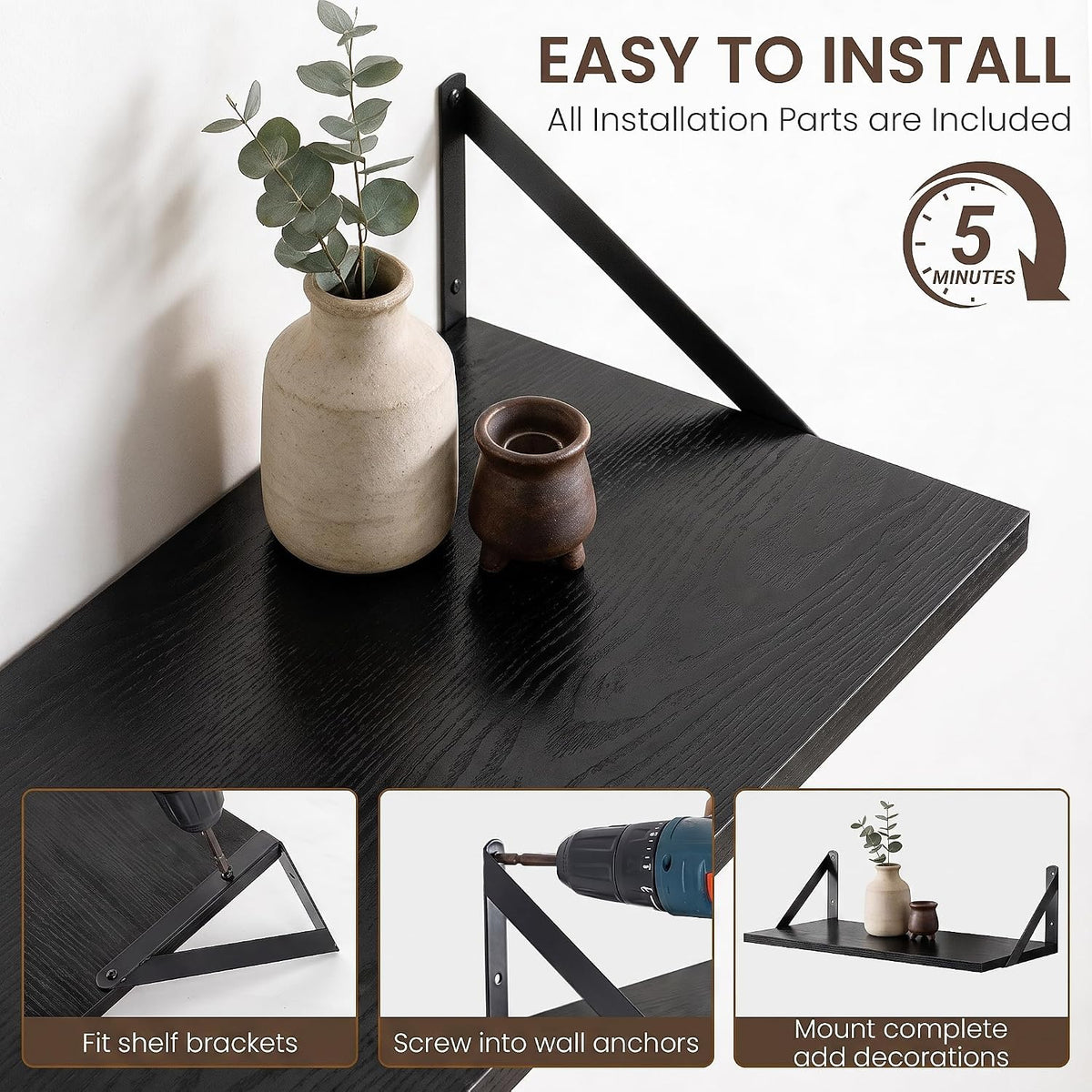 Dreamland Wall Mounted Floating Shelves Set of 2, 36x12, Black