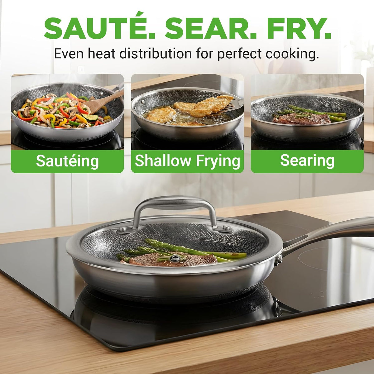NutriChef 8" Stainless Steel Frying Pan - Triply Kitchenware Stir Fry Pan Kitchen Cookware w/DAKIN Etching Non-Stick Coating, Scratch-resistant Raised-up Honeycomb Fire Textured Pattern - NC3PL8