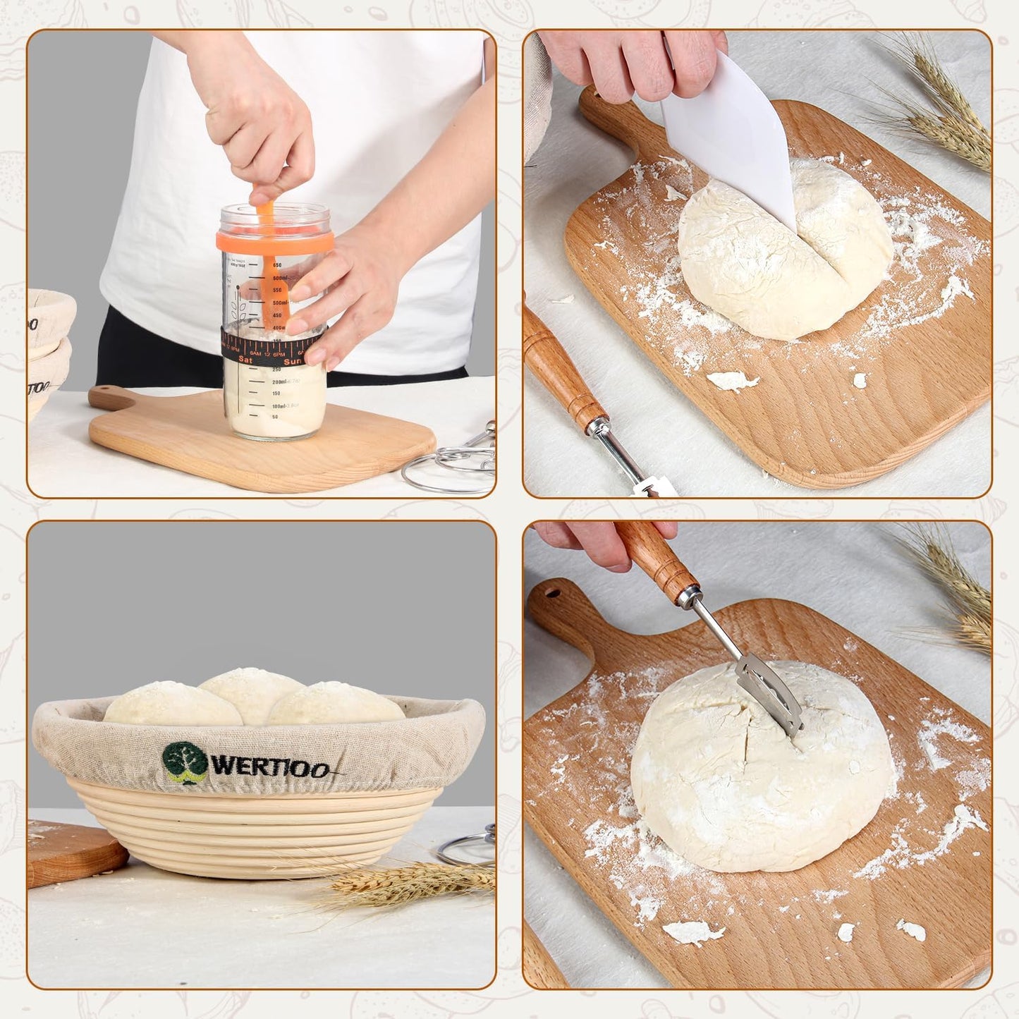 Sourdough Bread Baking Supplies, Sourdough Starter Kit, 2 9 Inch Round Banneton Bread Proofing Basket with 24 Oz Glass Jar, Sour Dough Tools with Danish Dough Whisk & Scraper