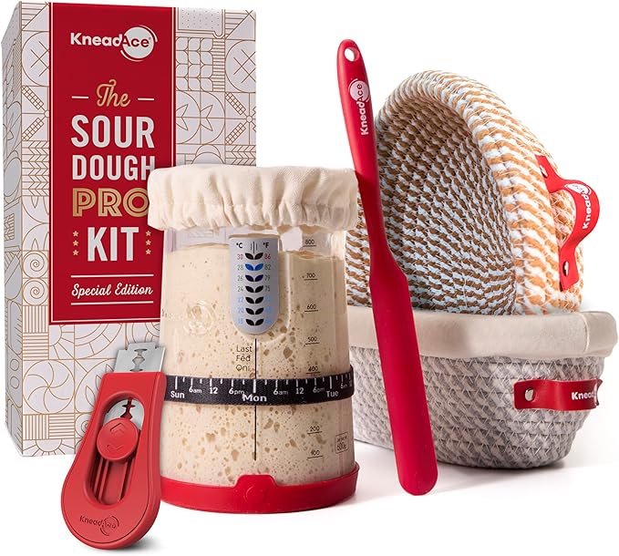 KneadAce Sourdough Starter Kit – 34oz Starter Jar, 2 Cotton Rope Banneton Proofing Baskets, Magnetic