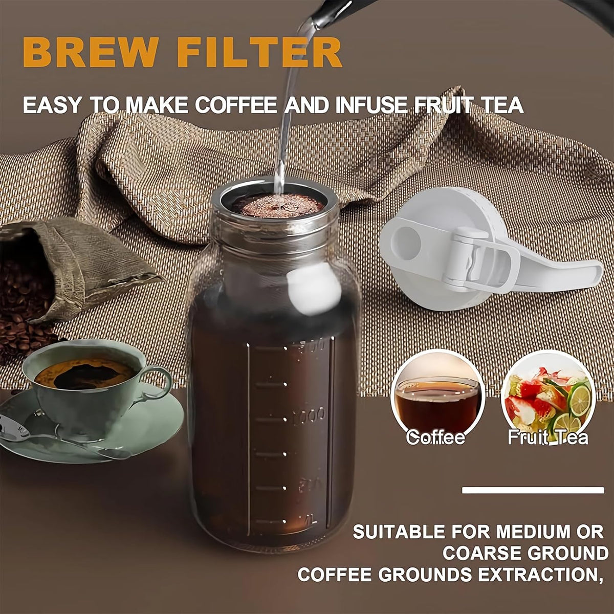 Cold Brew Coffee Maker Jar - 64oz Thick Glass Multipurpose Mason Pitcher Spout Lid with Handle & Stainless Steel Filter for