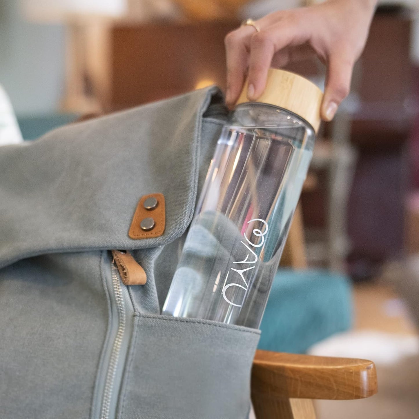 mayu, Pure Glass Reusable Water Bottle w/Bamboo Lid (1 Liter), 100% Grade-A Borosilicate Glass, Modern Minimalist Design, Leak Proof, Eco Friendly, Great for Outdoor & Everyday Use, Dishwasher Safe