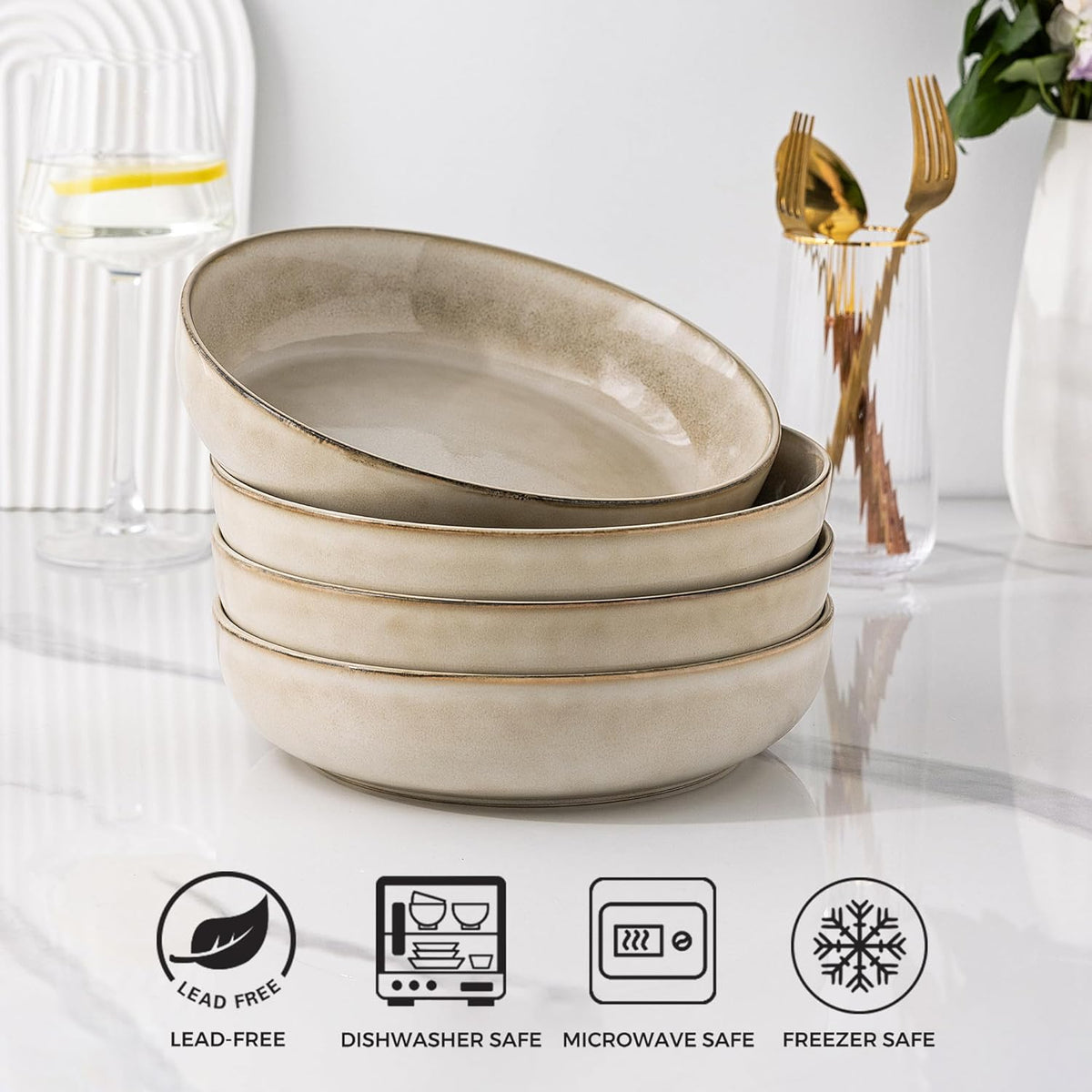 GBHOME 9'' Large Ceramic Pasta Bowls, 38oz Stoneware Pasta Serving Bowls Set of 4 for Kitchen, Wide Bowls for Fruit,Pasta,Salad,Oatmeal,Meal, Microwave Safe, Reactive Glaze-Cappuccino