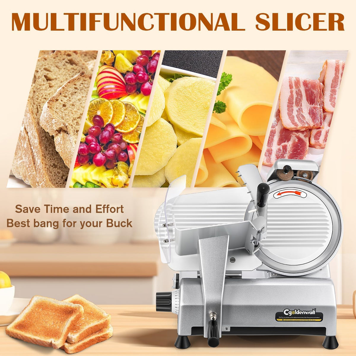 CGOLDENWALL Commercial Meat Slicer Machine, 240W 0-0.7" Adjustable Thickness Electric Deli Meat Cheese Food Slicer, 10" Semi-Auto Frozen Meat Slicer for Home, Copper Motor Low Noise Durable