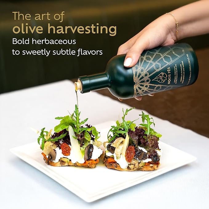 NOOR FÈS 20+ Awards EVOO | Polyphenol Rich 584 mg/kg | USDA Organic Extra Virgin Olive Oil | Moroccan Picholine | Cold Extracted Olive Oil | Great Gift for Chefs | 17 Oz.