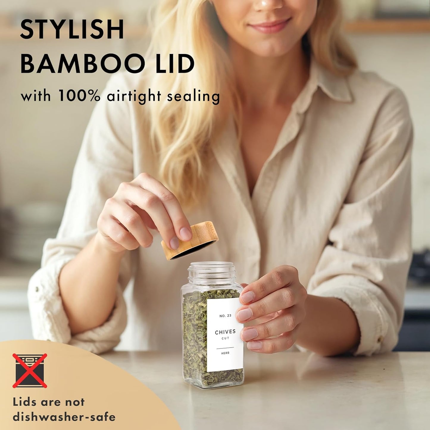 Square Spice Jars with Bamboo Wooden Lid (Pack of 24) Spice Jars with Shaker Insert and 240 Labels - Bamboo Lid Glass