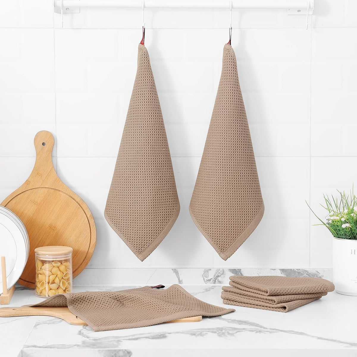 Kitinjoy 100% Cotton Kitchen Dish Cloths, 8 Pack Waffle Weave Ultra Soft Absorbent Towels for Drying Dishes, Quick Drying Kitchen Rags, 12 X 12 Inches, Tan