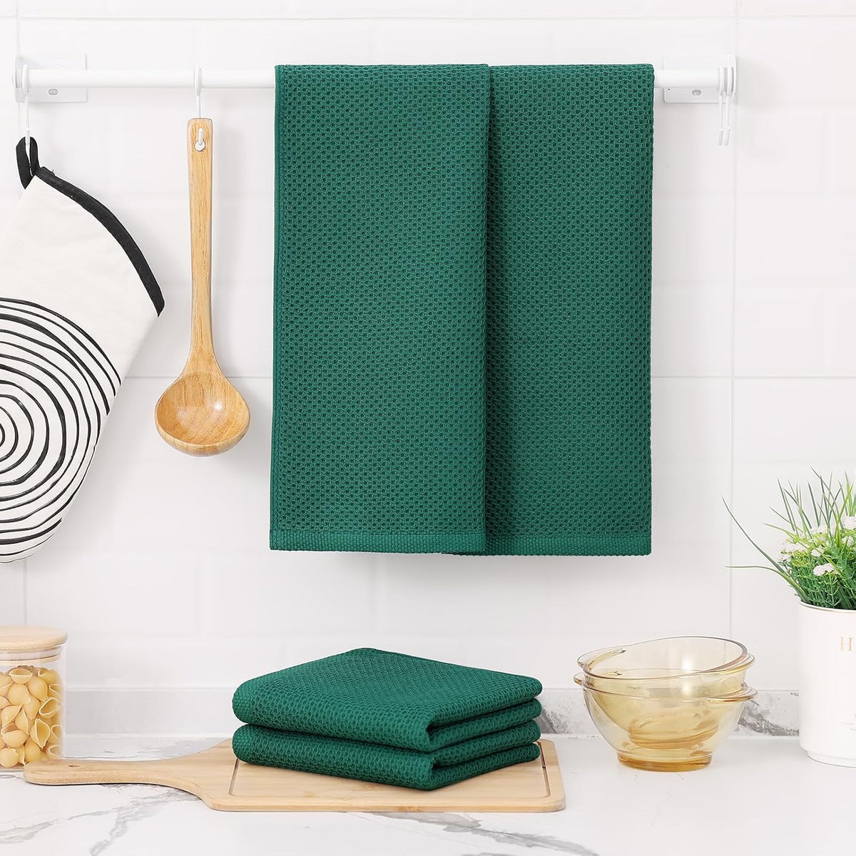 Kitinjoy 100% Cotton Waffle Weave Kitchen Towels, 4-Pack Super Soft and Absorbent Dish Towels for Drying Dishes, Kitchen Hand Towels, 13 in x 28 in, Dark Green