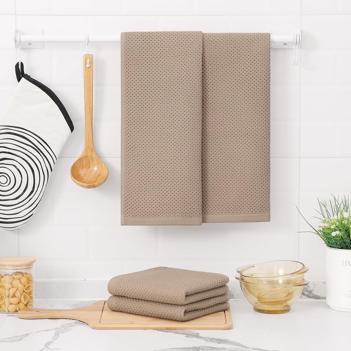 Kitinjoy 100% Cotton Waffle Weave Kitchen Towels, 8-Pack Super Soft and Absorbent Dish Towels for Drying Dishes, Kitchen Hand Towels, 13 in x 28 in, Tan