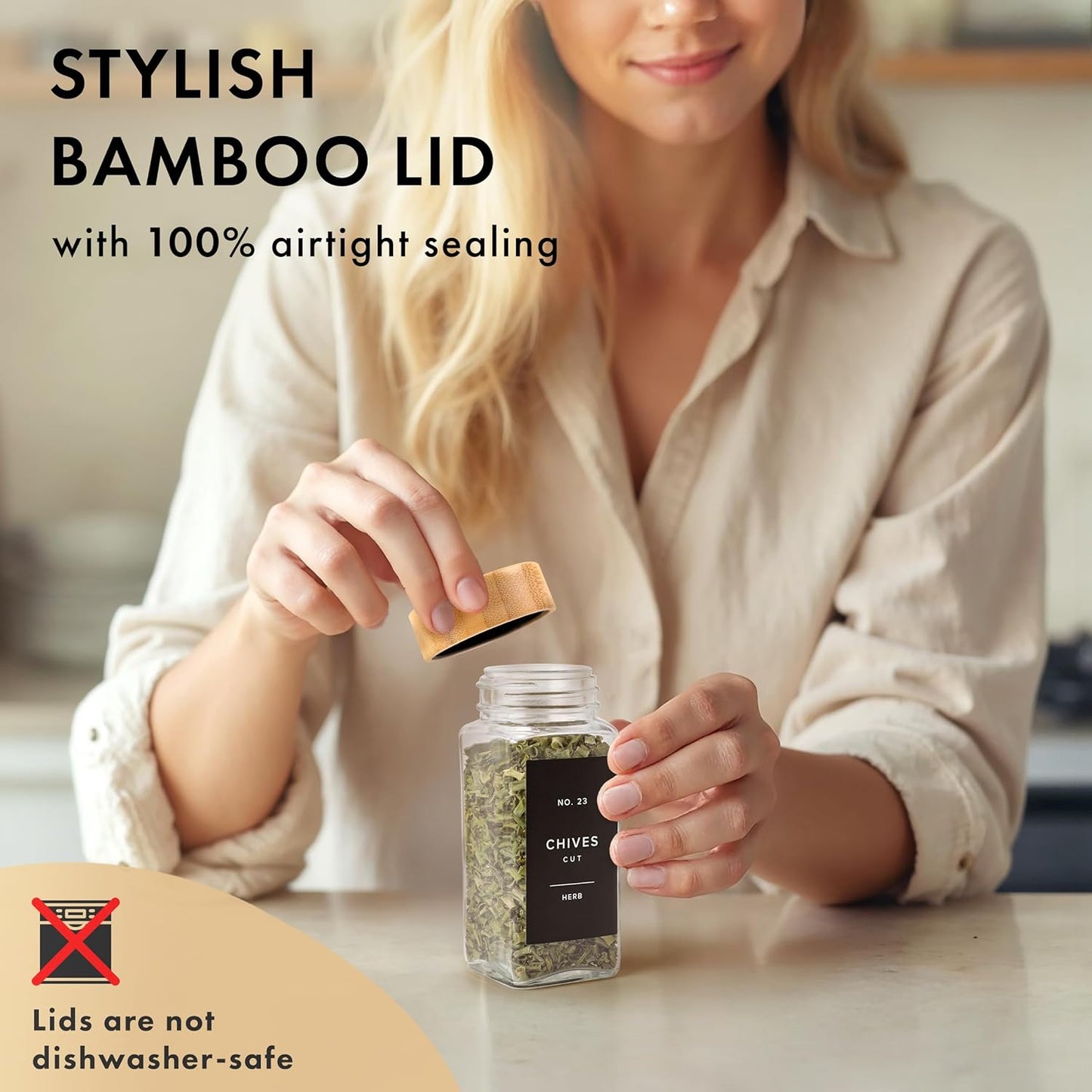 EDELHAUS® Square Spice Jars with Bamboo Wooden Lid (Pack of 24) Spice Jars with Shaker Insert and 240 Labels - Bamboo Lid