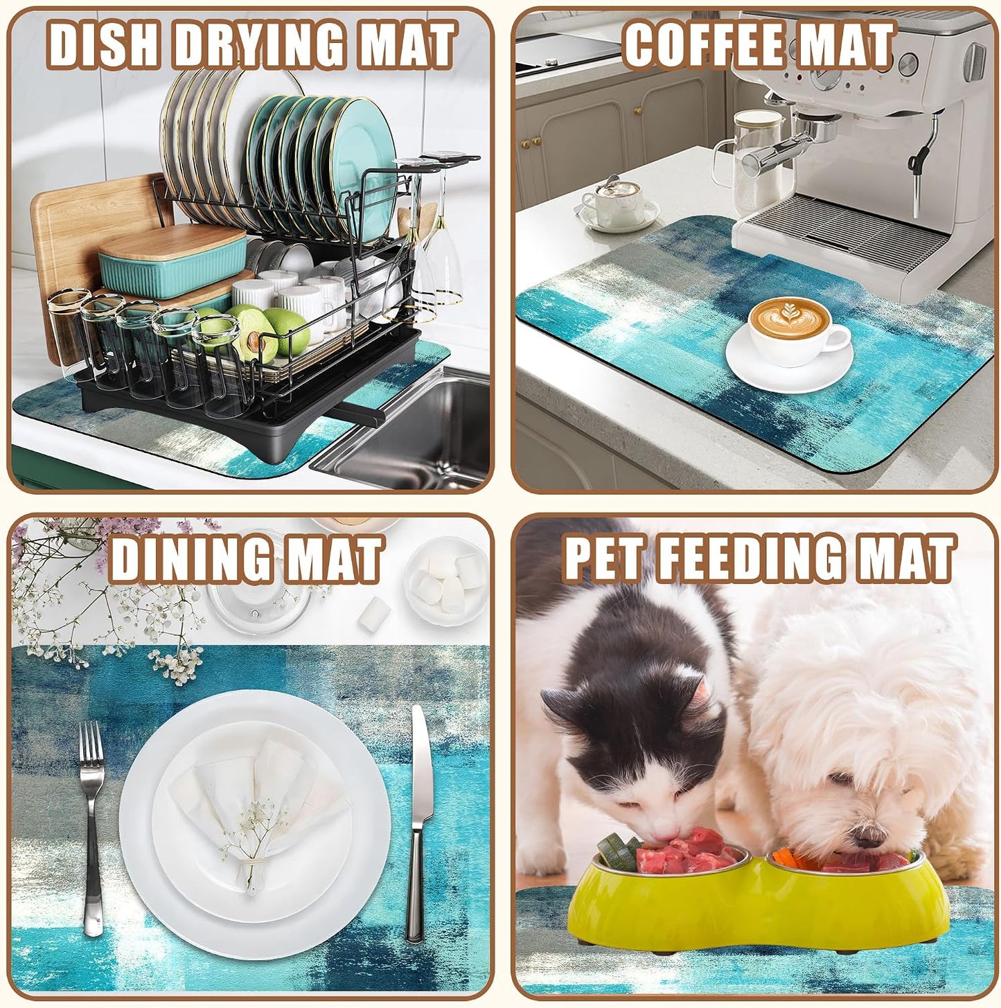 Teal and Grey Abstract Art Dish Drying Mat for Kitchen Counter Coffee Bar Mat Hide Stain Absorbent Rubber Backed Drying Rack Pad Espresso Machine Coffee Bar Accessories 11.8 x 19.7 Inch