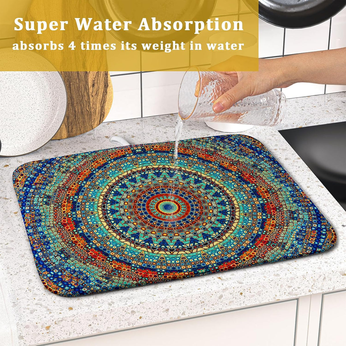 Bohemian Mandala Dish Drying Mat for Kitchen Counter Boho Ethnic Drying Mat 16 x 18 Inch with High Absorbent Reversible Microfiber Dish Drying Pad Dish Rack Pad Drainer Mat for Coffee Bar