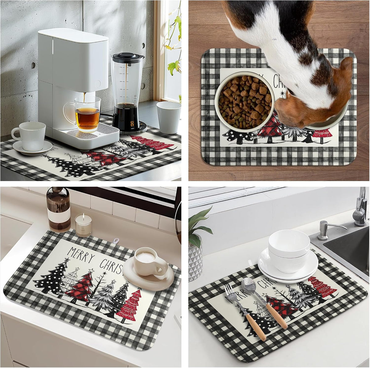 Merry Christmas Dish Drying Mat Buffalo Plaid Large Kitchen Mats Dish Drying Pad Xmas Christmas Tree Absorbent Dish Dryer Mat for Kitchen Countertops Microfiber Drainer Pad Dish Drying Mats (18x24 in)