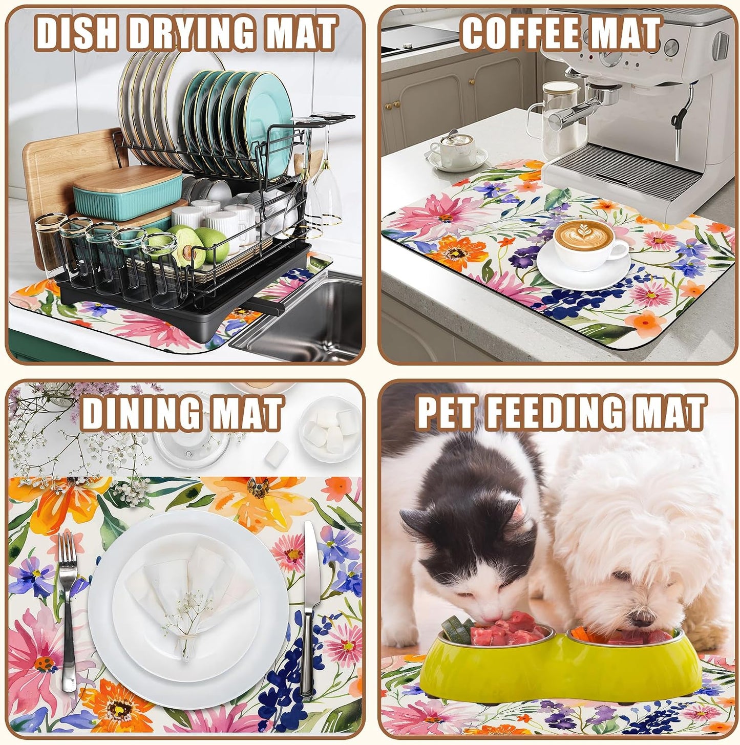Dish Drying Mat Colorful Wildflowers Coffee Bar Mat for Countertop Absorbent Rubber Backed Hide Stain Dish Drainer Rack Pad Espresso Machine Cafe Table Dining Room Decoration 11.8 x 19.7 Inch