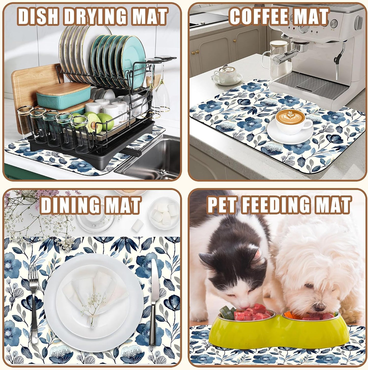 Blue Flowers Dish Drying Mat for Kitchen Counter Coffee Bar Mat Hide Stain Absorbent Coffee Mat with Non-Slip Rubber Backed Coffee Maker Espresso Machine Coffee Bar Accessories 15.7 x 23.6 Inch