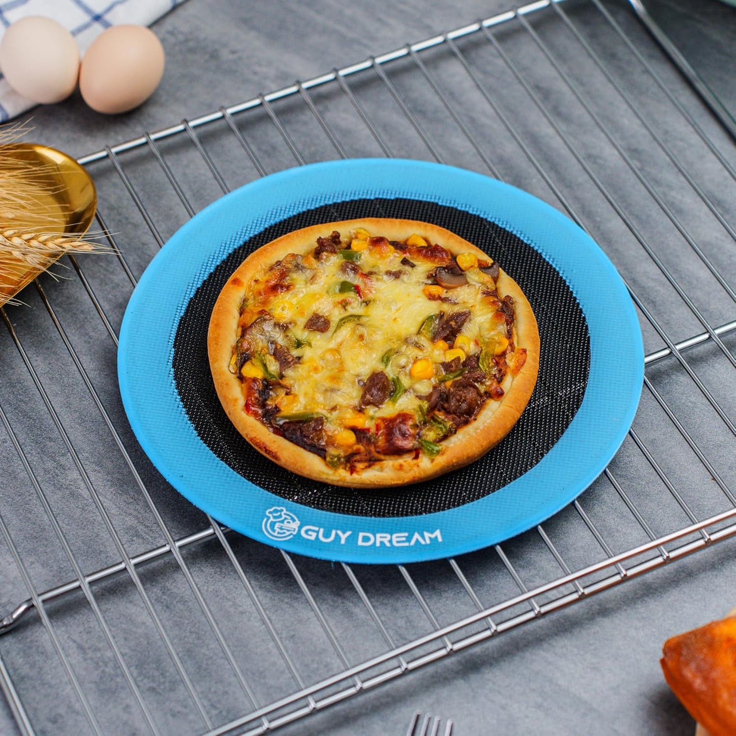 GUYDREMAT Perforated Silicone Baking Mat Set, 4 Pack with Choux, Eclair, Blank and 10-Inch Round Mats, Non-Stick Reusable Baking Sheets for Bread, Pastry, Cookies and Pizza