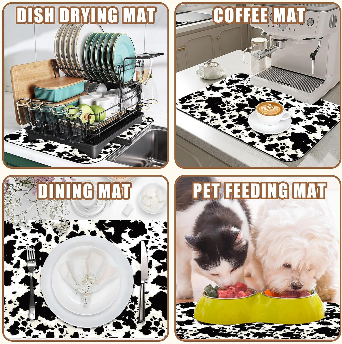 Dish Drying Mat Cow Print Coffee Bar Mat for Countertop Absorbent Hide Stain Rubber Backed Dish Drainer Rack Pad Espresso Machine Dining Room Decoration 11.8 x 19.7 Inch