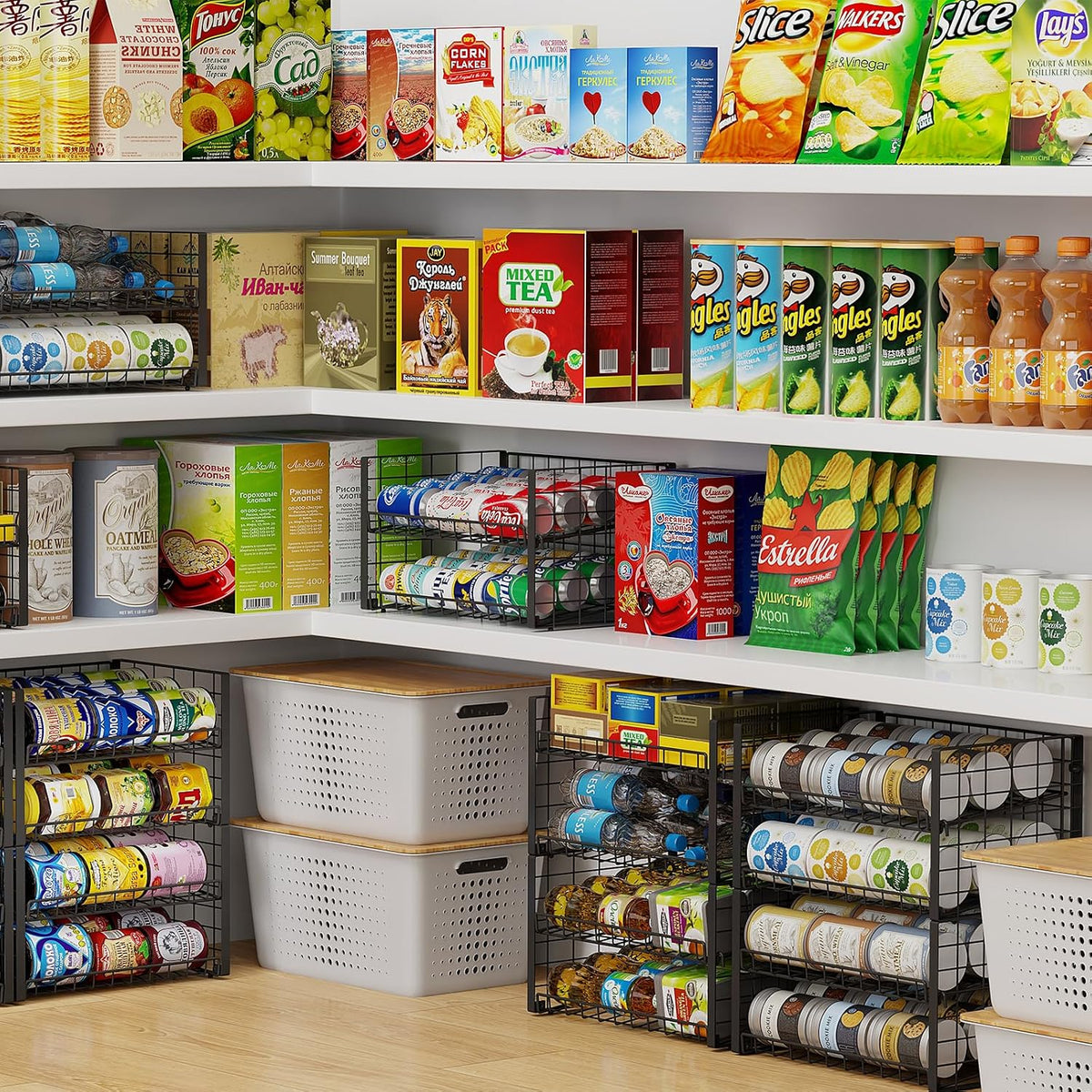 2 Pack Stackable Can Organizer for Pantry, Adjustable Can Holder Rack for Canned Food Soda Drink Goods Storage up to 60 Cans Storage, 2-Tier, Black