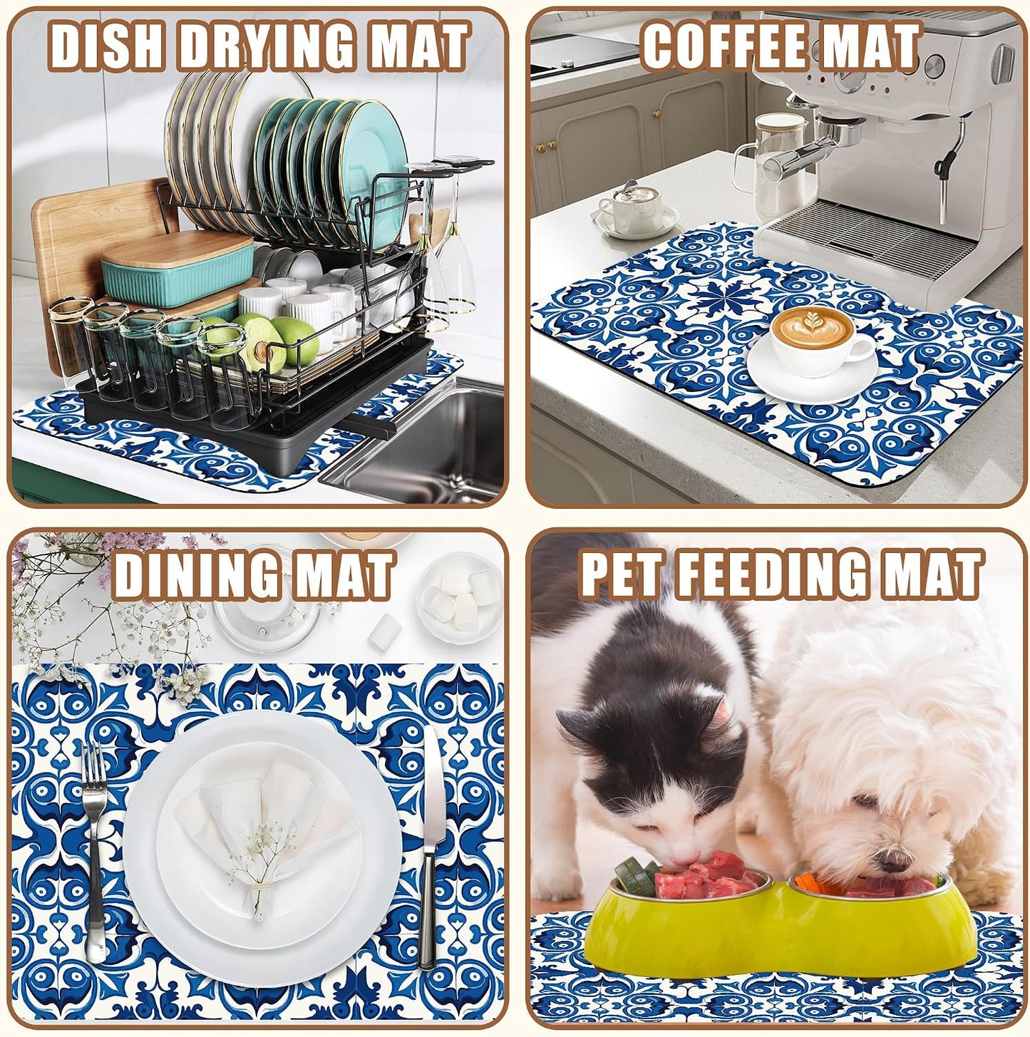 Dish Drying Mat Blue Portuguese Tiles Coffee Bar Mat for Countertop - Absorbent Rubber Backed Hide Stain Dish Drainer Rack - Coffee Maker Pot Dining Room Decoration 15.7 x 23.6 Inch