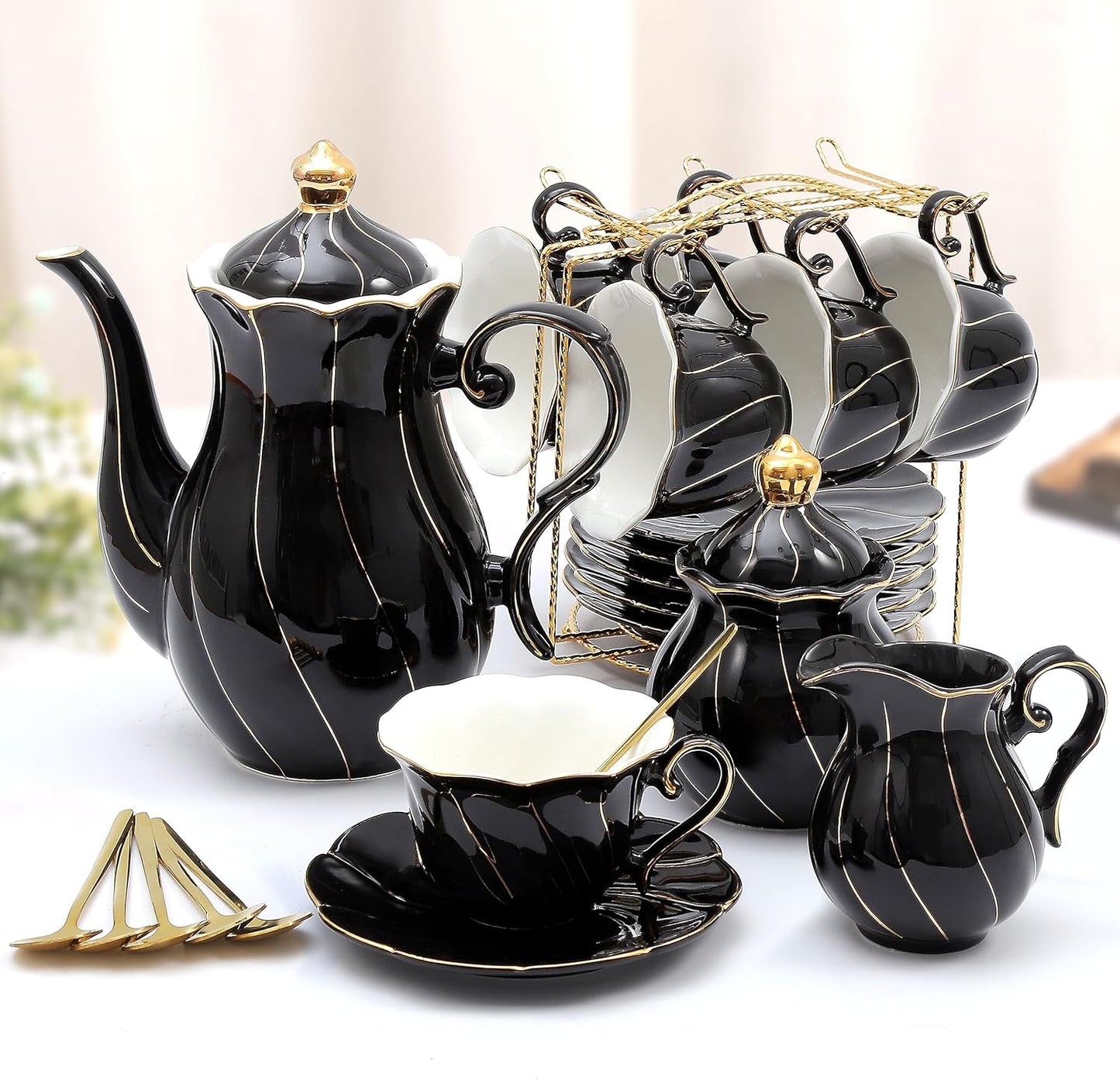 DUJUST 22 pcs Porcelain Tea Set for 6, Luxury British Style Tea/Coffee Cup Set with Golden Trim, Bea