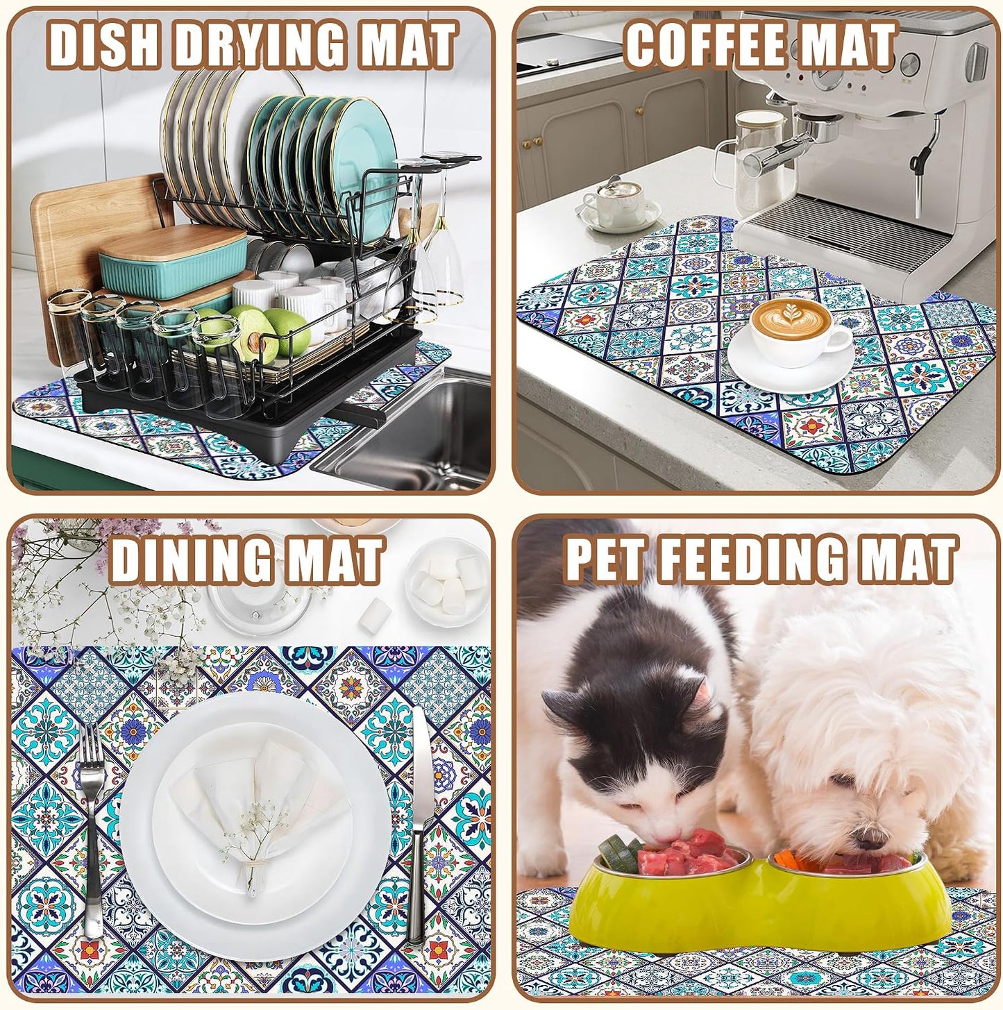 Colorful Tiles Dish Drying Mat for Kitchen Counter Coffee Mat Hide Stain Absorbent Non-Slip Rubber Backed Drying Rack Pad Espresso Machine Coffee Bar Accessories 11.8 x 19.7 Inch