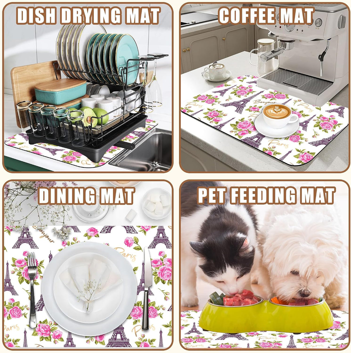 Eiffel Tower with Pink Rose Coffee Mat Absorbent Dish Drying Mat for Kitchen Counter Hide Stain Rubber Backed Coffee Bar Accessories Fit Under Espresso Machine Dish Drainer 11.8 x 19.7 Inch