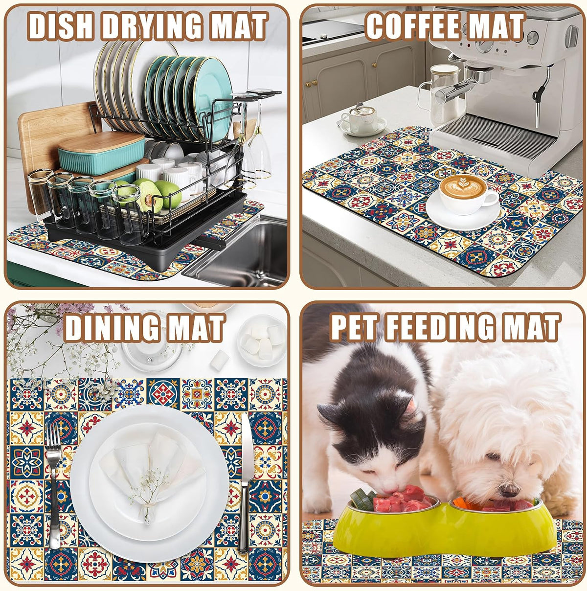 Dish Drying Mat Moroccan Tile Coffee Bar Mat for Countertop Absorbent Rubber Backed Hide Stain Dish Drainer Rack Pad Coffee Maker Espresso Machine Dining Room Decoration 11.8 x 19.7 Inch