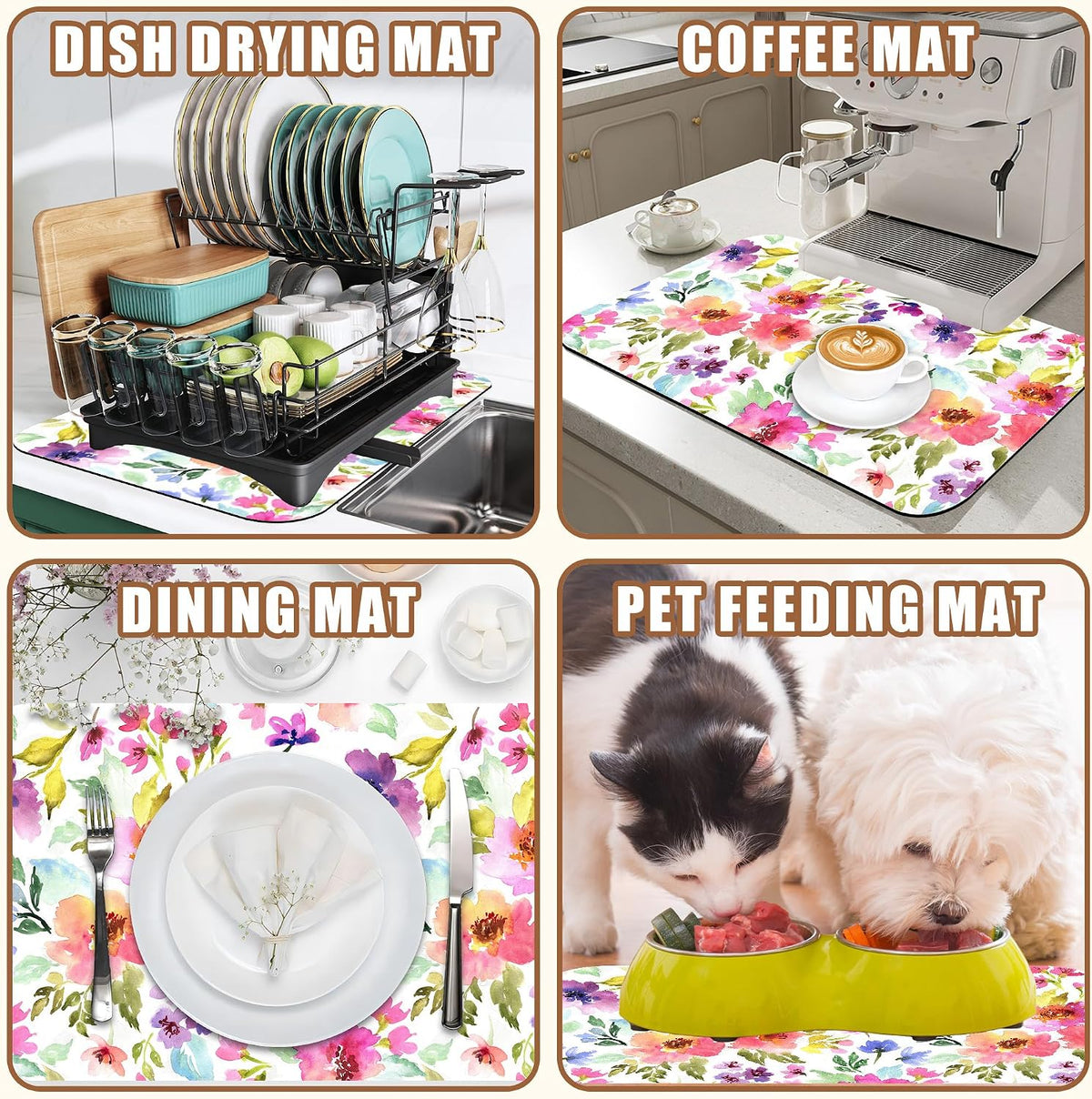Floral Watercolor Dish Drying Mat Colorful Flowers Coffee Bar Mat for Countertop Hide Stain Rubber Backed Absorbent Dish Drainer Rack Pad Coffee Pot Espresso Machine Dining Room Decor 11.8 x 19.7 Inch
