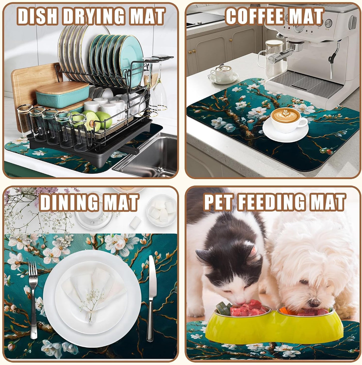 Blossoming Almond Tree Dish Drying Mat for Kitchen Counter Bar Mat Hide Stain Absorbent Rubber Backed Coffee Mat Coffee Maker Espresso Machine Bar Accessories 15.7 x 23.6 Inch