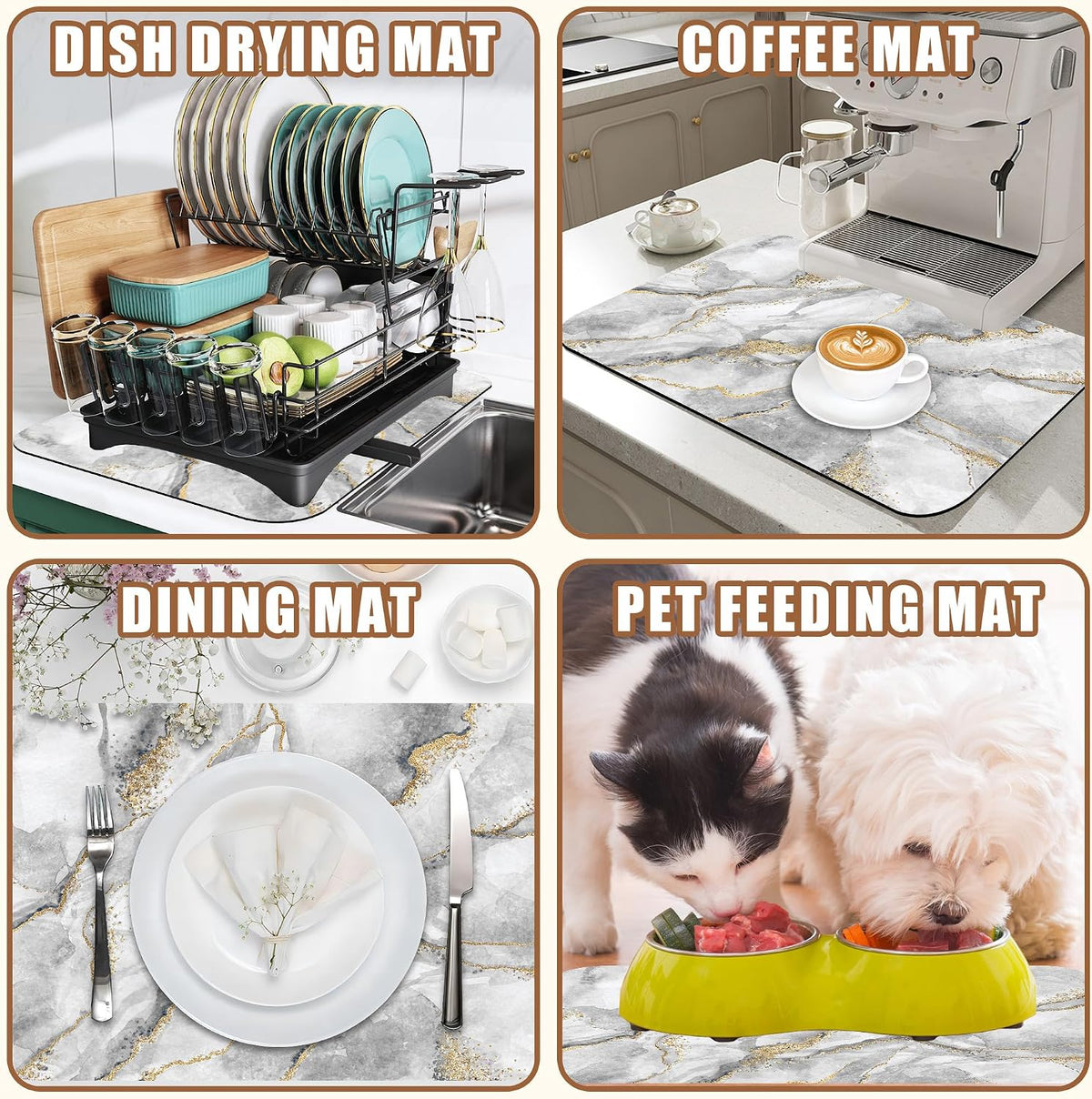 White and Gold Marble Dish Drying Mat for Kitchen Counter Absorbent Hide Stain Coffee Mat Rubber Backed Dish Drainer Rack Pad Espresso Machine Coffee Bar Accessories 15.7 x 23.6 Inch