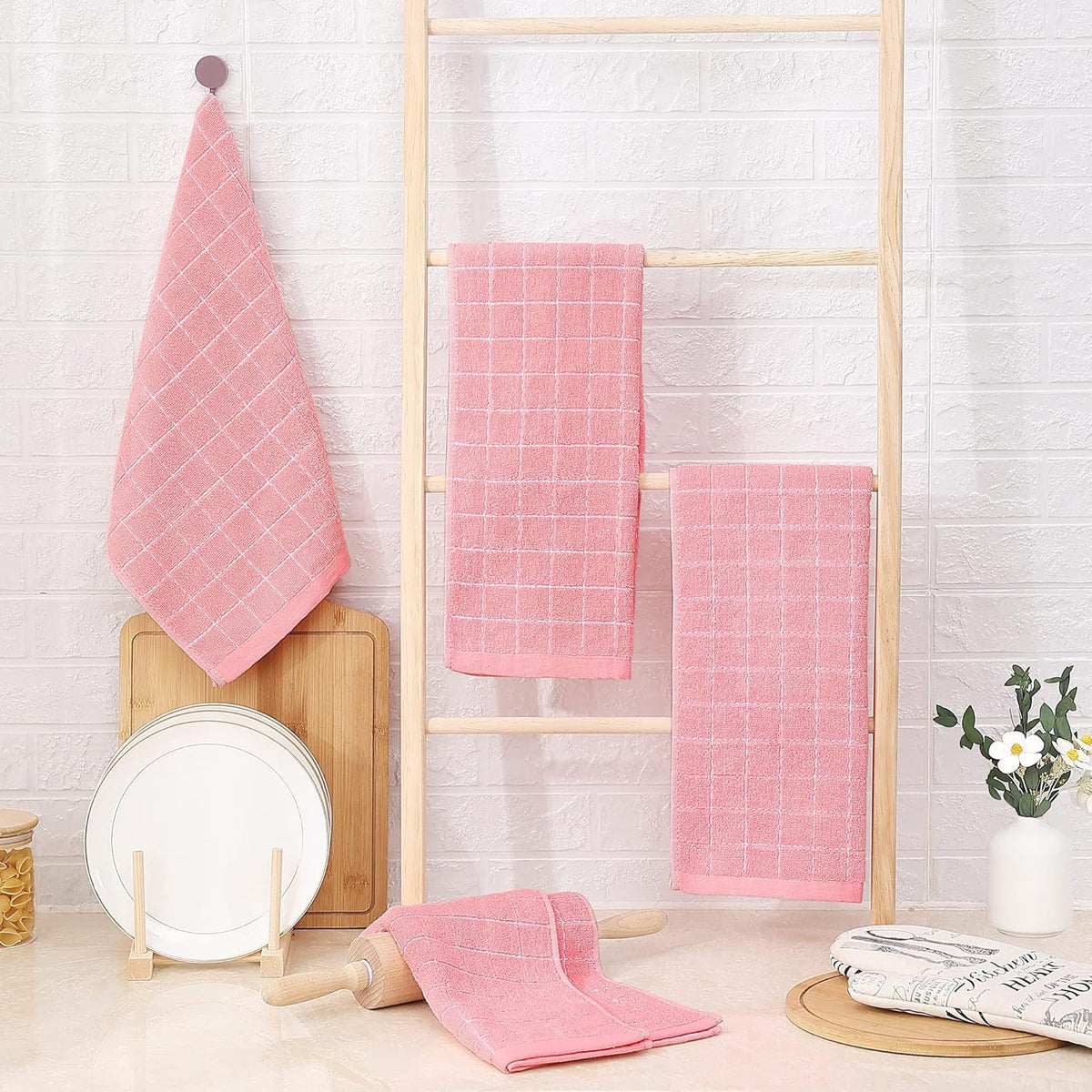 Homaxy 100% Cotton Terry Kitchen Towels(Pink, 13 x 28 inches), Checkered Designed, Soft and Super Absorbent Dish Towels, 8 Pack
