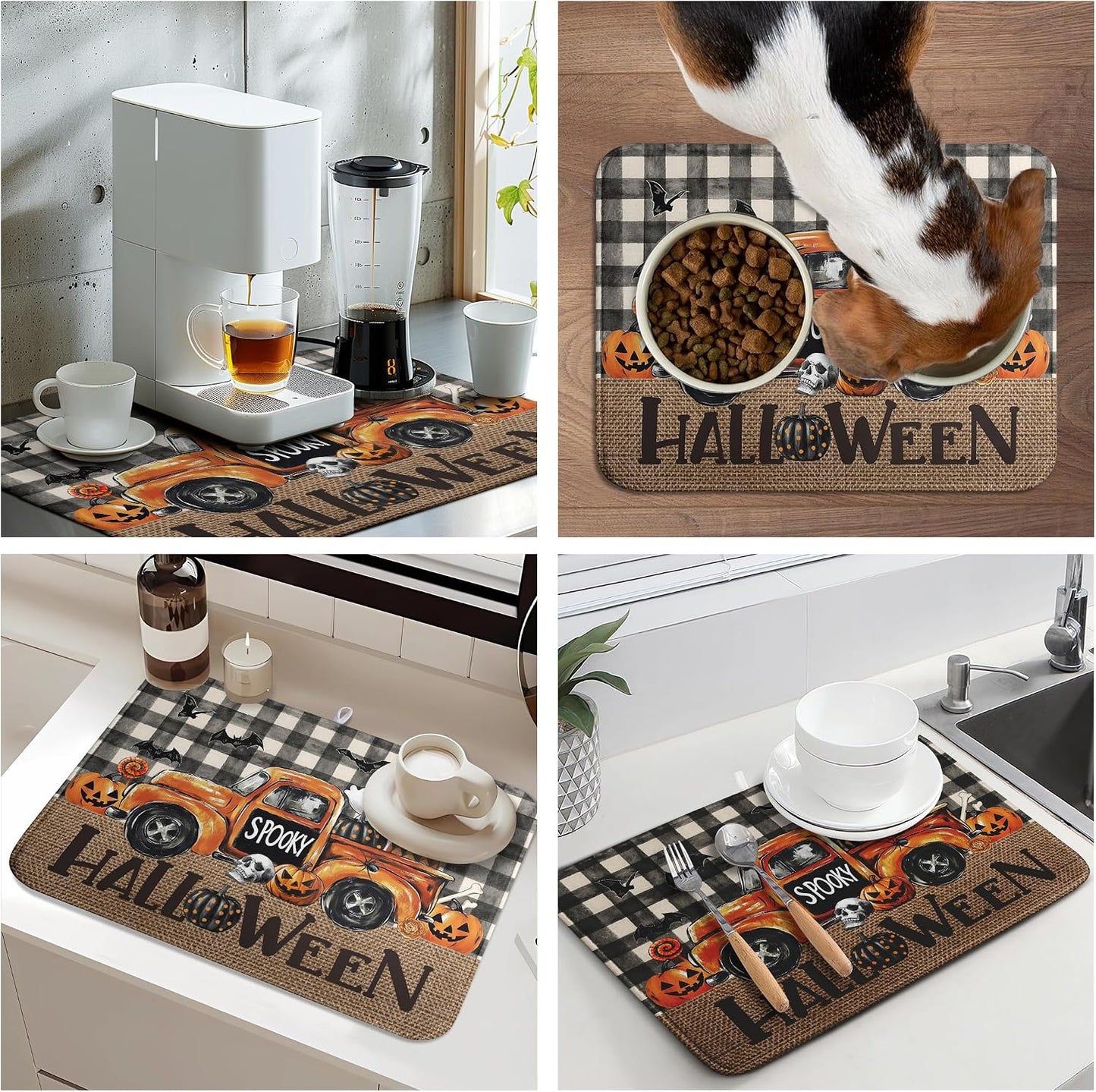 Halloween Buffalo Plaid Dish Drying Mat Fall Pumpkin Rustic Large Kitchen Mats Dish Drying Pad Absorbent Dish Dryer Mat for Kitchen Countertops Microfiber Drainer Pad Dish Drying Mats (18x24 in)