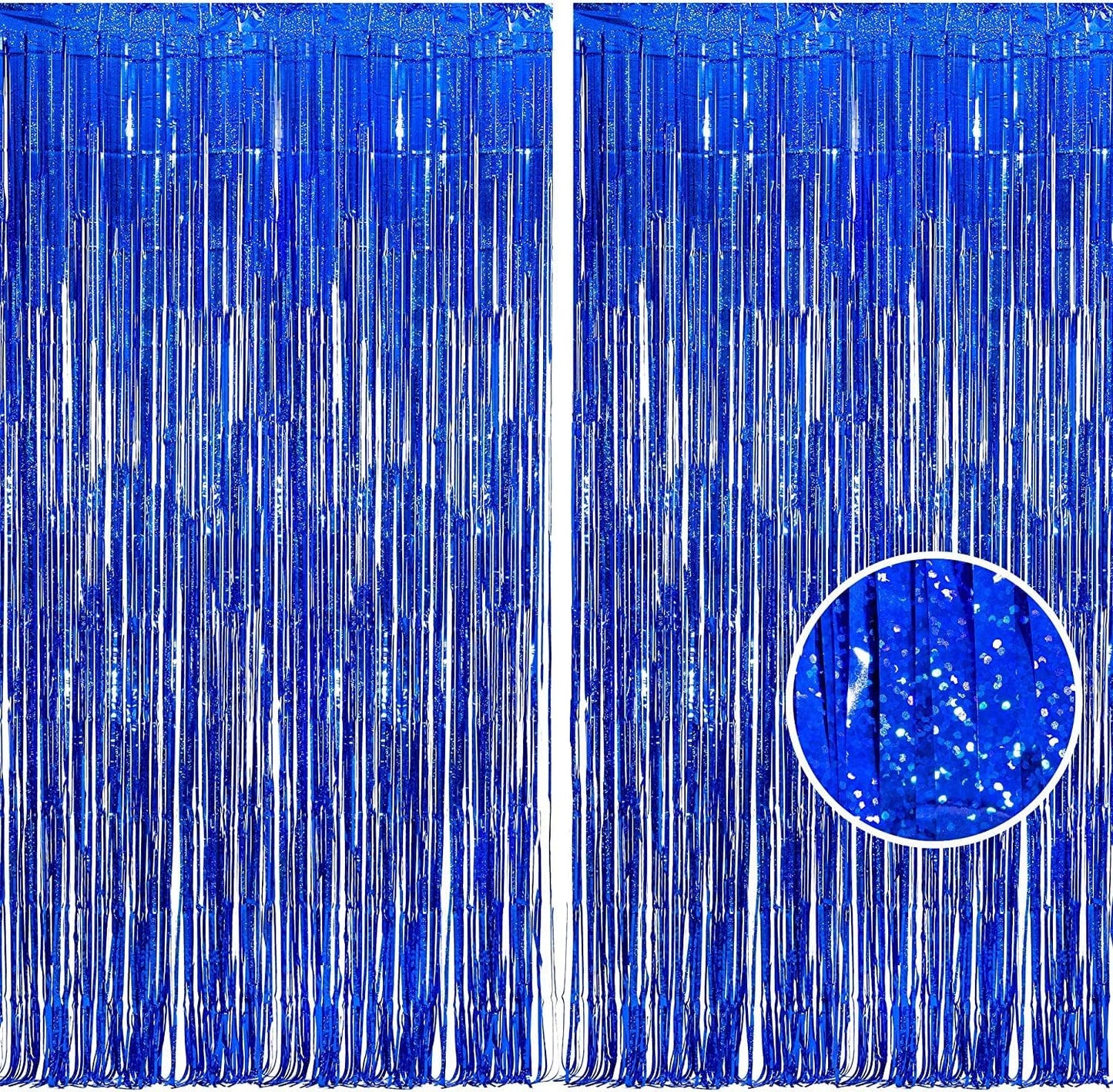 BRAVESHINE Blue Tinsel Foil Fringe Curtains - 2Pcs 3.2x8.2 ft Metallic Holidays Photo Backdrop for B