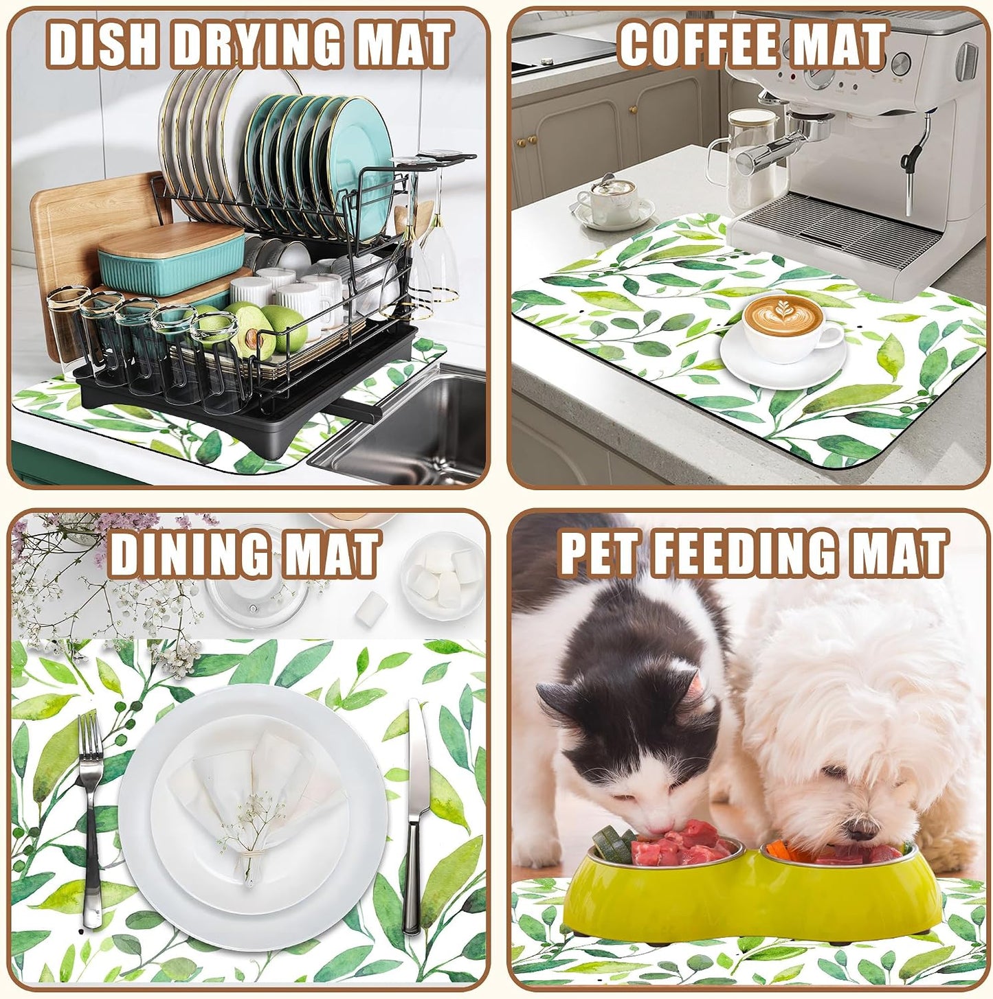 Dish Drying Mat Watercolor Green Leaves Coffee Bar Mat for Countertop Absorbent Hide Stain Rubber Backed Dish Drainer Rack Pad Espresso Machine Cafe Table Decor 11.8 x 19.7 Inch