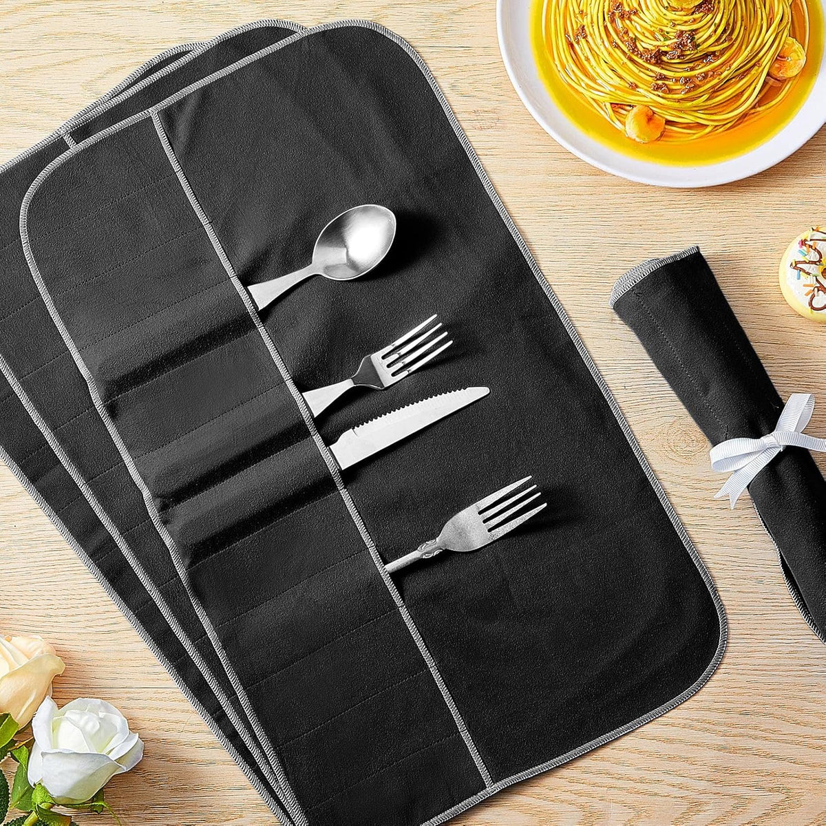 Hillban 12 Pcs Anti Tarnish Silver Storage Bags Silver Storage Cloth Felt Flatware Organizer Anti Tarnish Protector Bags Place Setting Roll with White Ribbon for Kitchen Cutlery Utensils (Black)