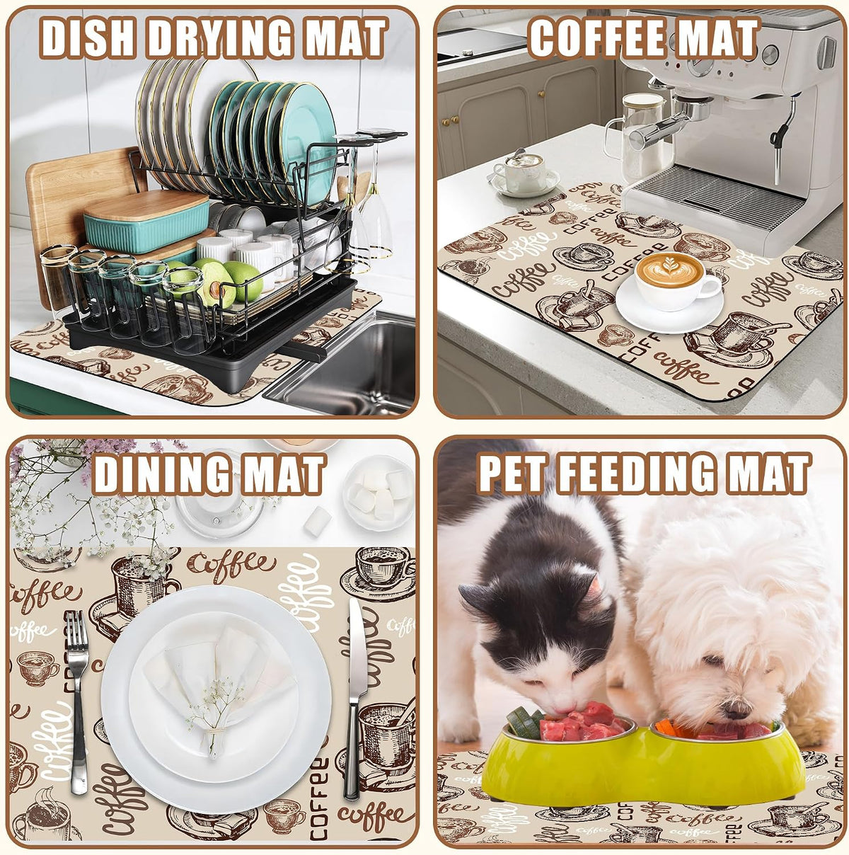 Coffee Cup Dish Drying Mat Cute Doodle Coffee Bar Mat for Countertop Absorbent Rubber Backed Hide Stain Dish Drainer Rack Pad Espresso Machine Dining Room Decoration 11.8 x 19.7 Inch