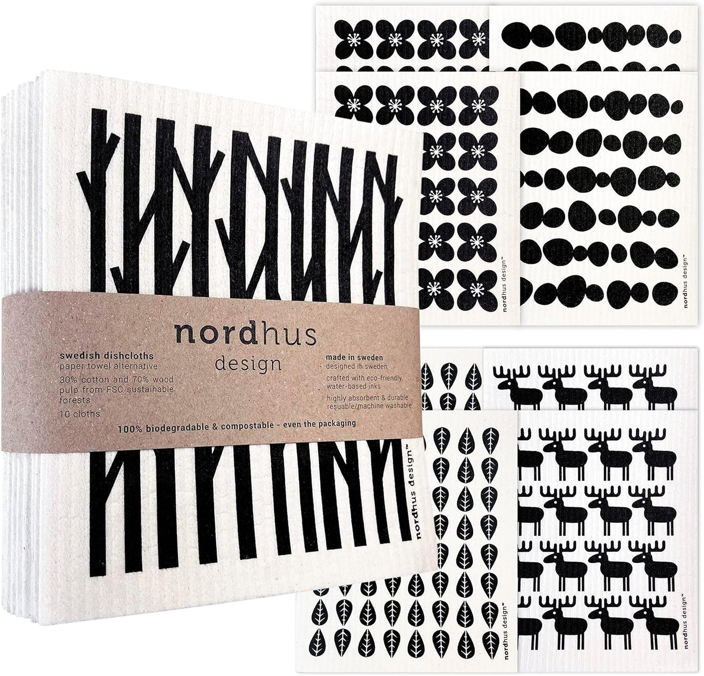Nordhus Design Swedish Dishcloths, 10 Cloths, Made in Sweden - Reusable, Washable Cellulose Cotton K