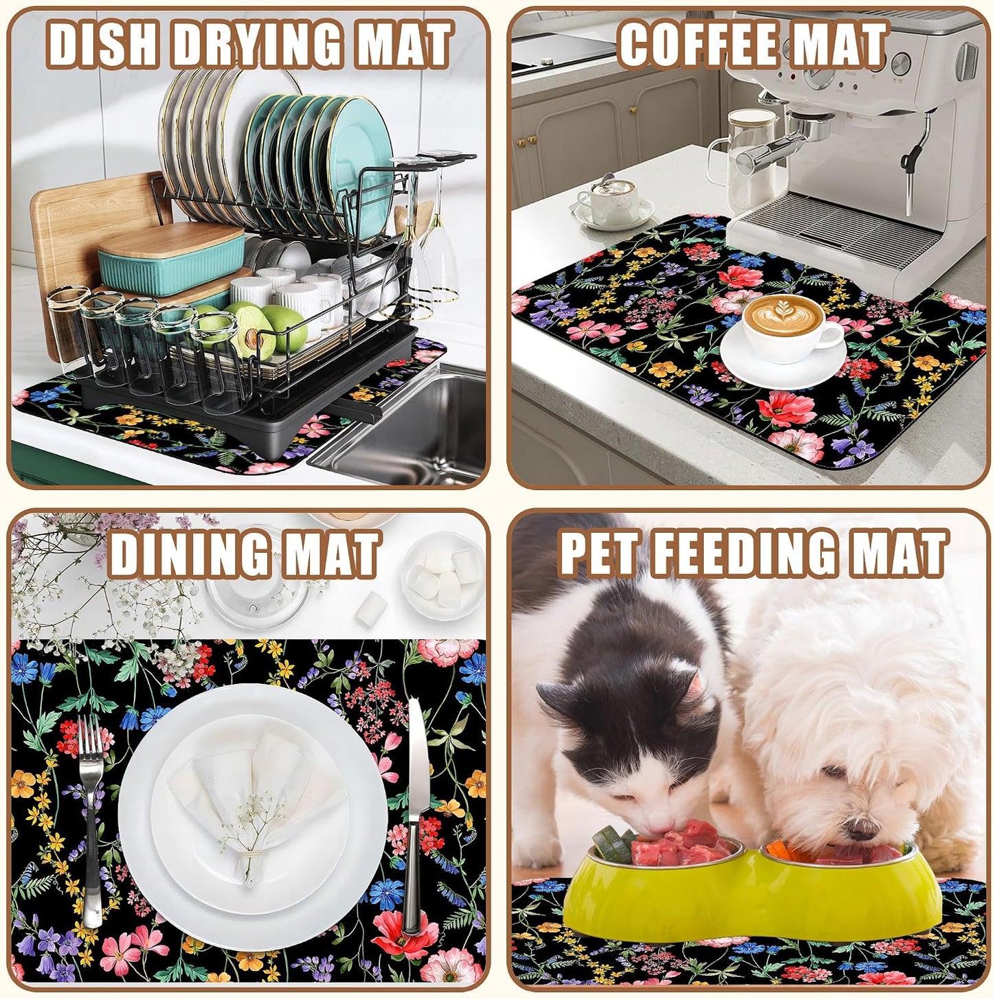 Beautiful Flowers Dish Drying Mat for Kitchen Counter Coffee Bar Mat Hide Stain Absorbent Rubber Backed Coffee Mat Coffee Maker Espresso Machine Coffee Bar Accessories 11.8 x 19.7 Inch