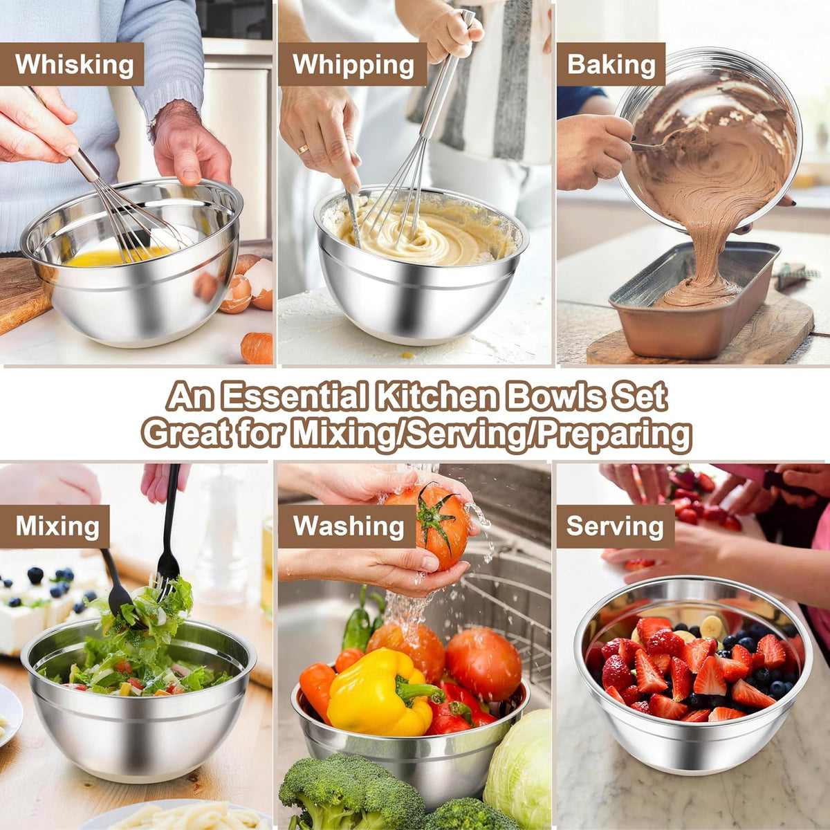 TeamFar Mixing Bowls, Stainless Steel Salad Bowls with Lids - Khaki | Nesting Bowls with Non-slip Bottom, for Kitchen Baking Preparing Serving, Stackable & 6PCS - 4.6 /2.6 /2 / 1.5 /1 / 0.7 Qt